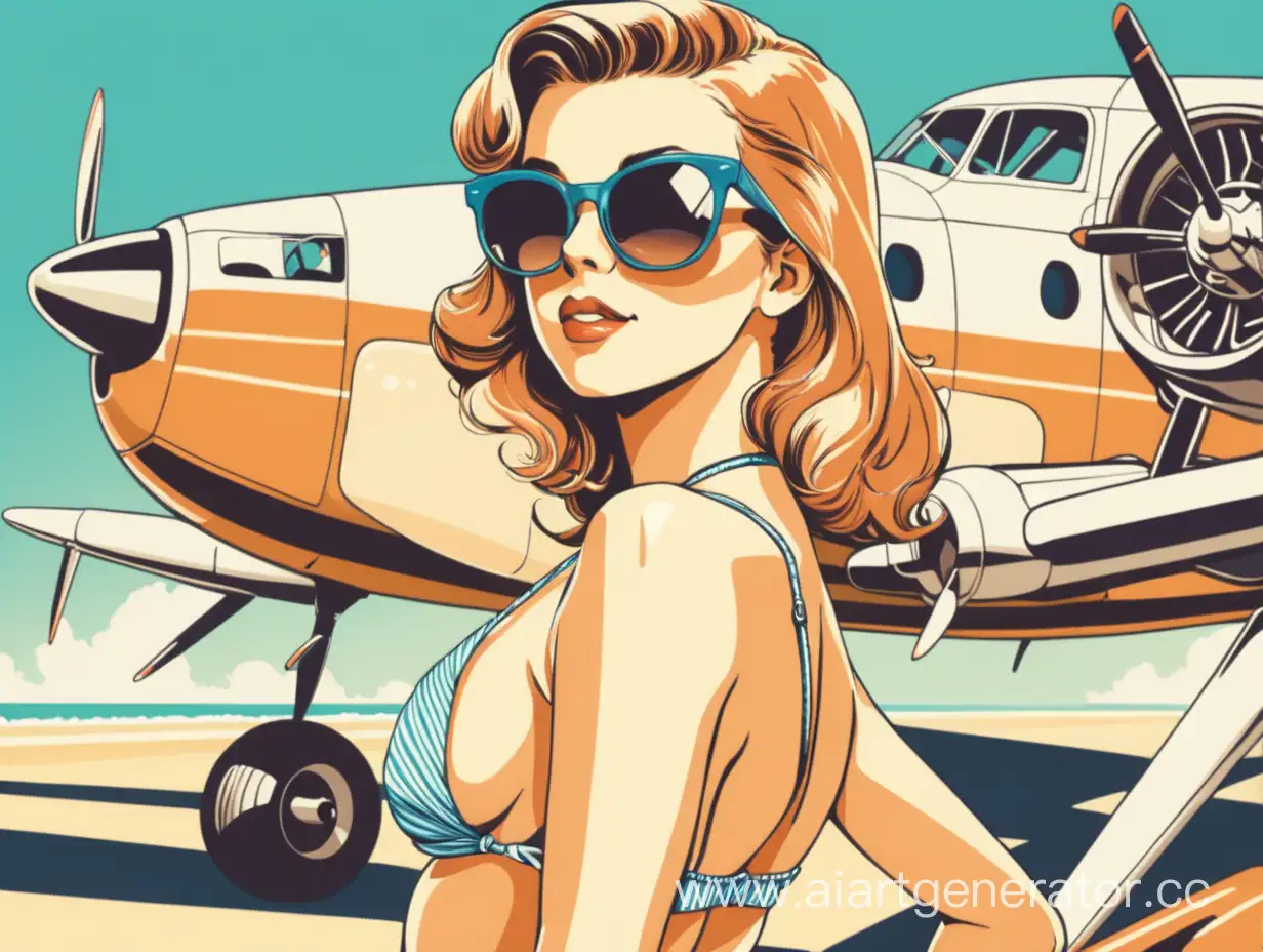 Девушка в бикини и Солнцезащитных очках, самолет на фоне, ретро