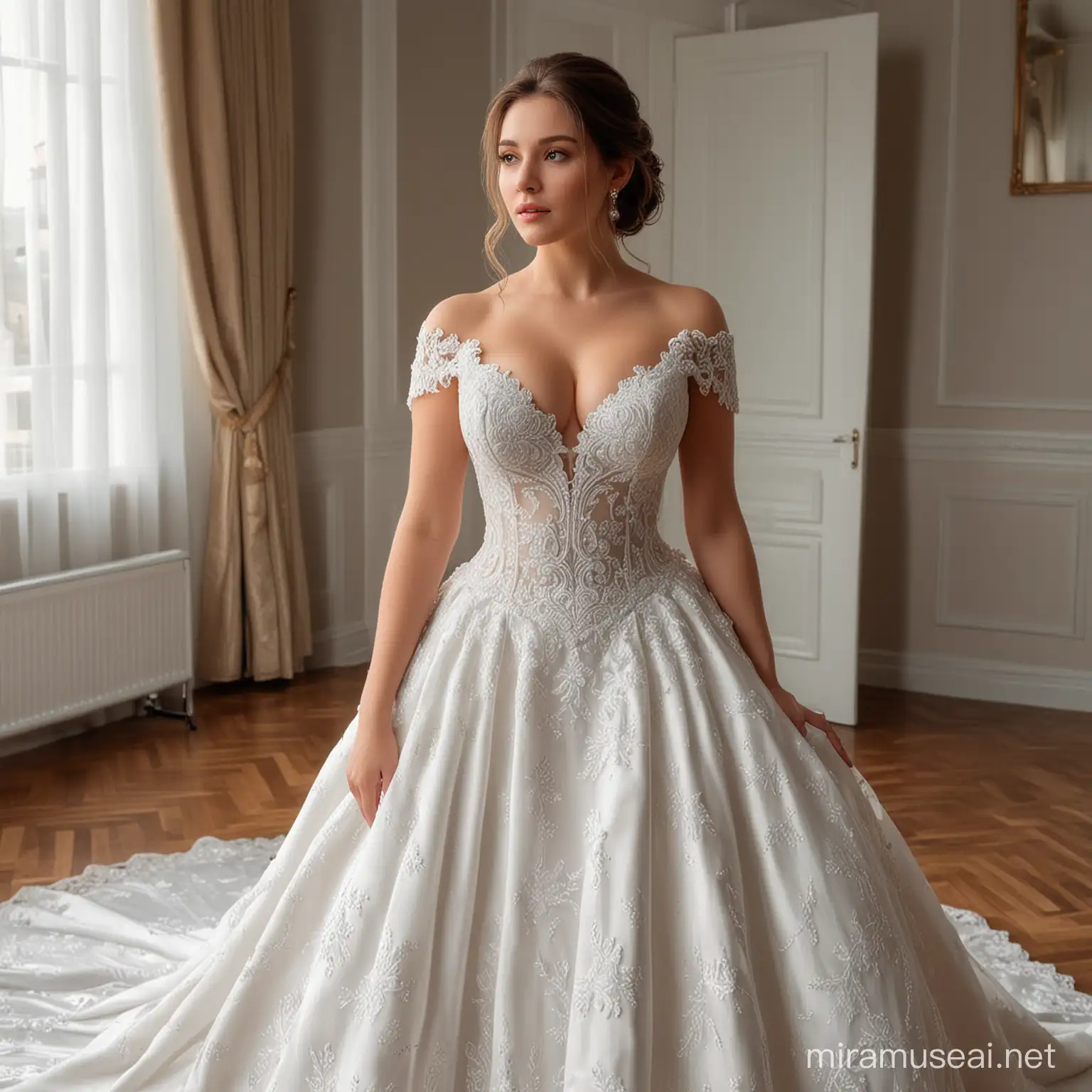 Elegant Bride Admiring Masterpiece in Wedding Gown