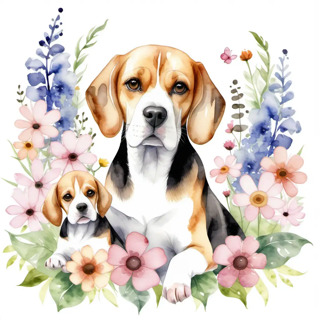 watercolor style, 300 DPI, a mother beagle and a beagle puppy surrounded by flowers on a white background.