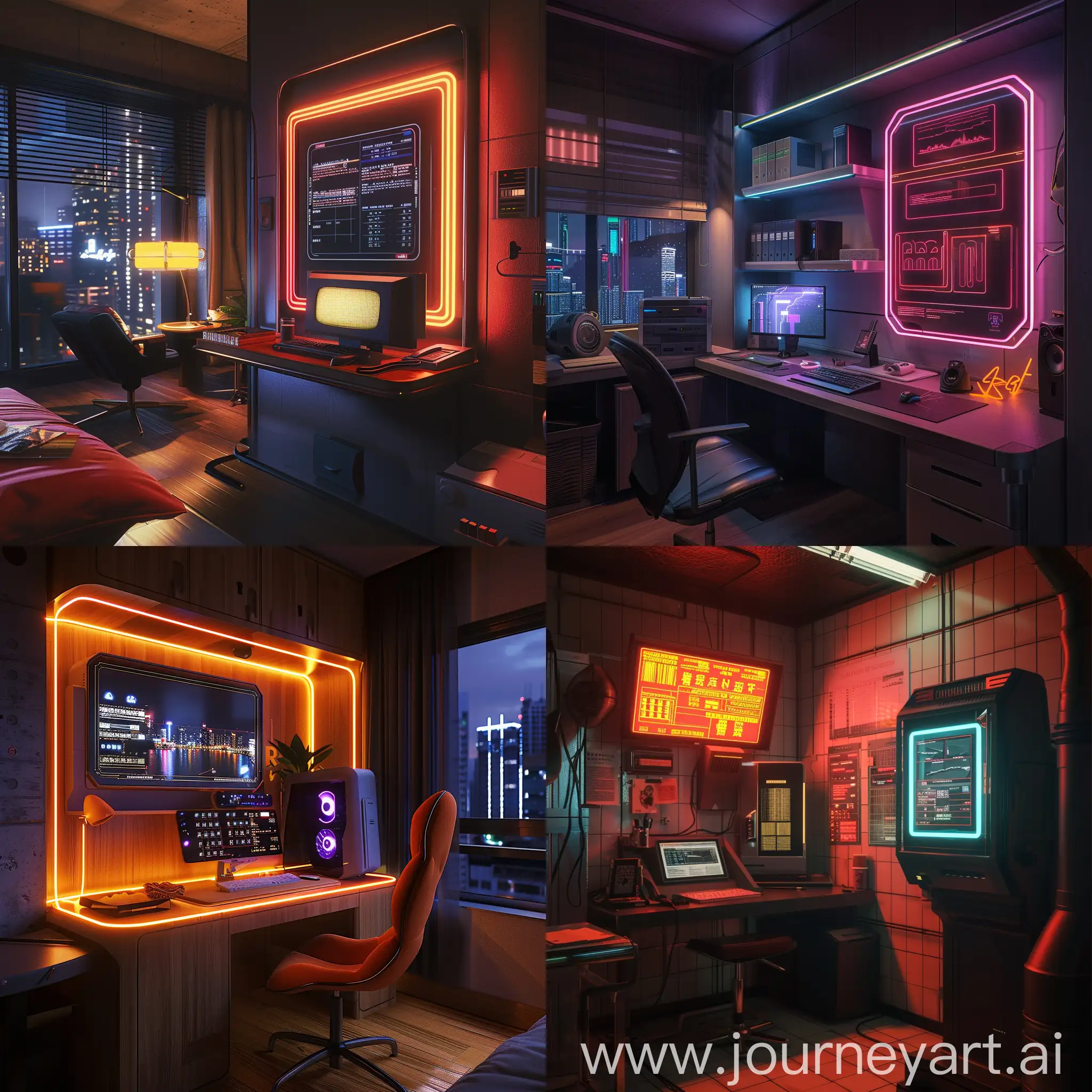 hong kong ghost in the shell cyberpunk 2077 vi apartment photorealistic sleek dark modern minimalst japan inspired chungking mansions small apartment fully furnished high tech besmer displays computer neon terminal