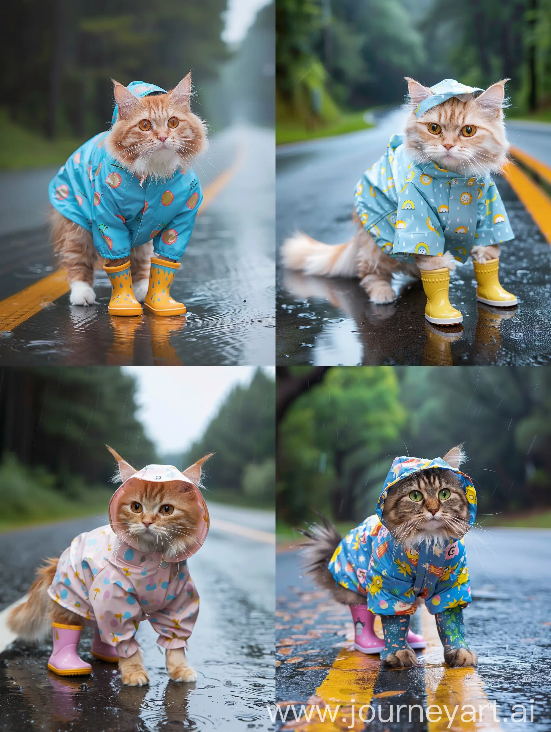 下雨天，一只真实的猫咪穿着可爱的雨衣和雨靴站在路上