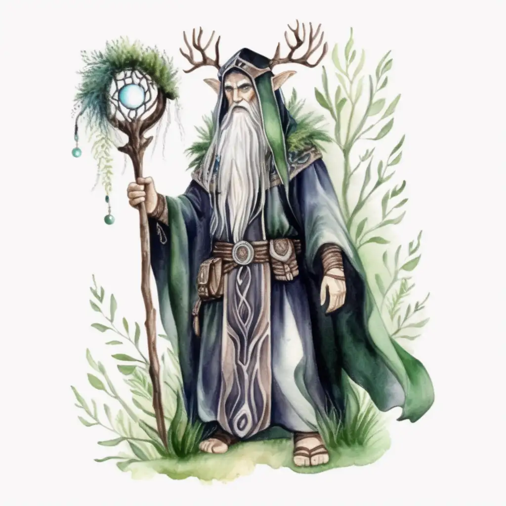 druid, dark watercolor drawing, no background