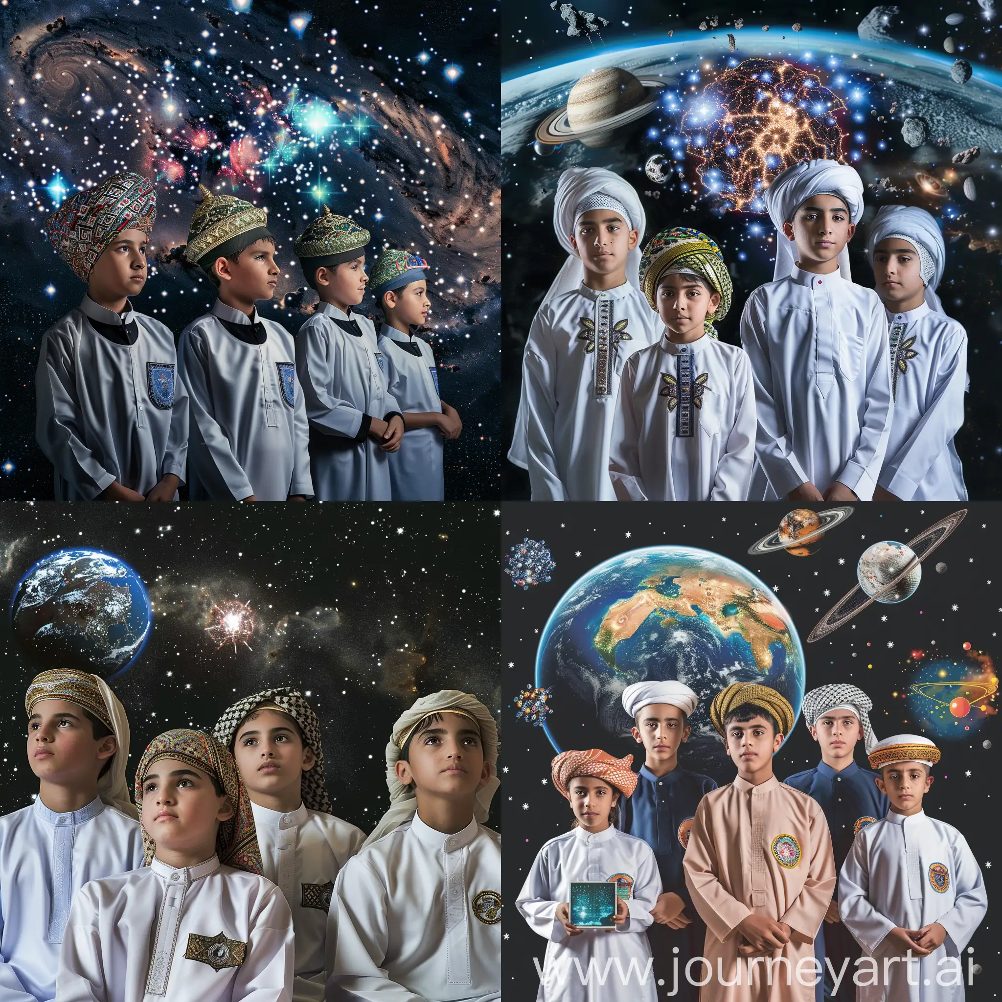 ثلاثة اولاد عمانين يرتدون الدشداشة العمانية ، و اربعة بنات يرتدون الزي المدرسي الخاص بسلطنة عمان بسلطنة عمان للمرحلة الثانوية، يعرضون ابتكاراتهم والتكنلوجيا الخاصة يهم ، في الفضاء