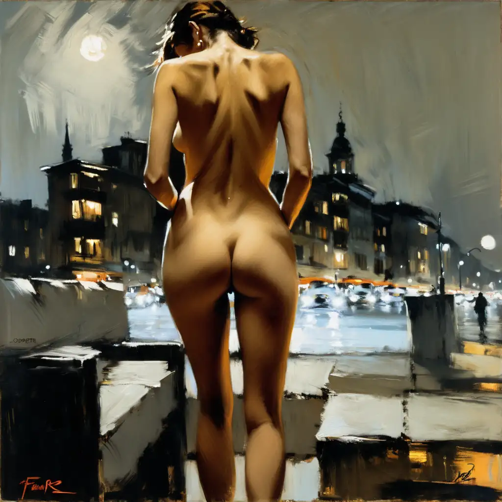 (naked:1.3) woman , cooper hair , painting by (Fabian Perez:1.3) , light leaks , night scene , painting style expressionism , jagged lines
