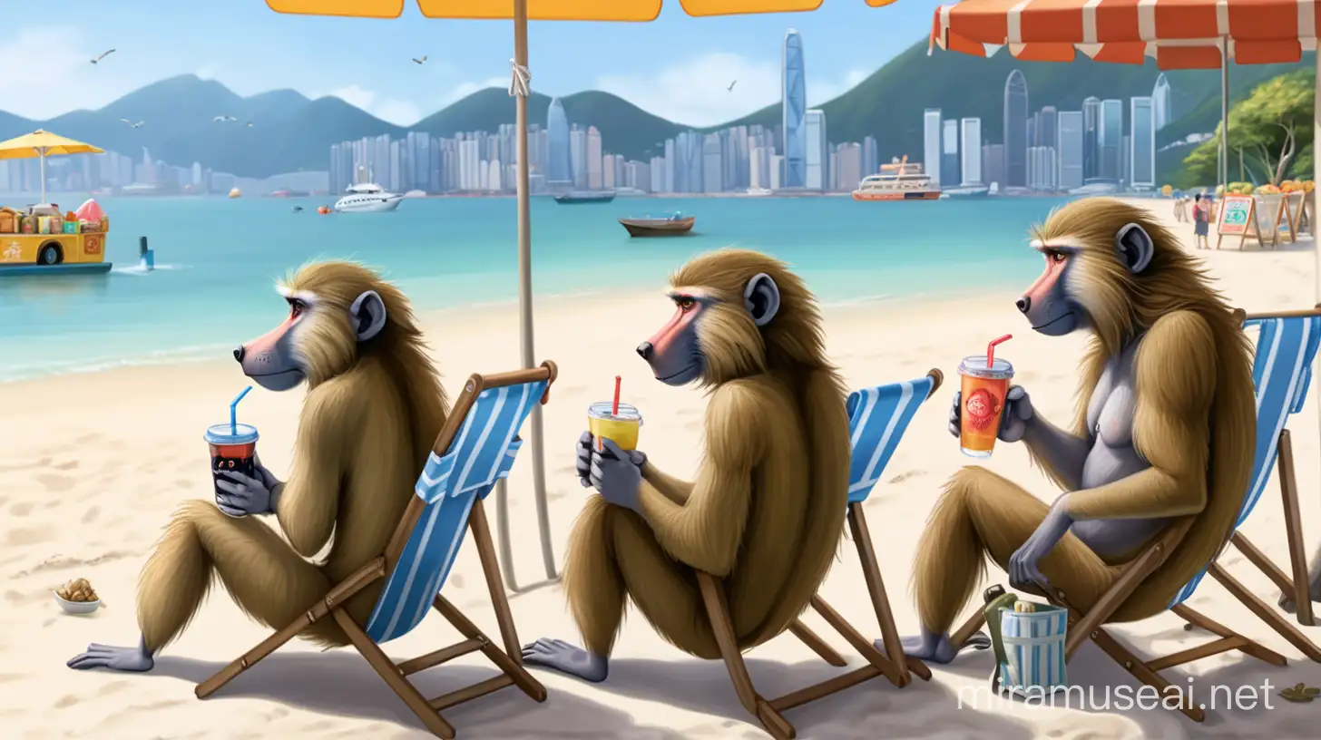 三四狒狒躺在香港沙滩椅上，手里拿着饮料，旁边有饮料店。远处的海里有几只狒狒，旁边有水果摊