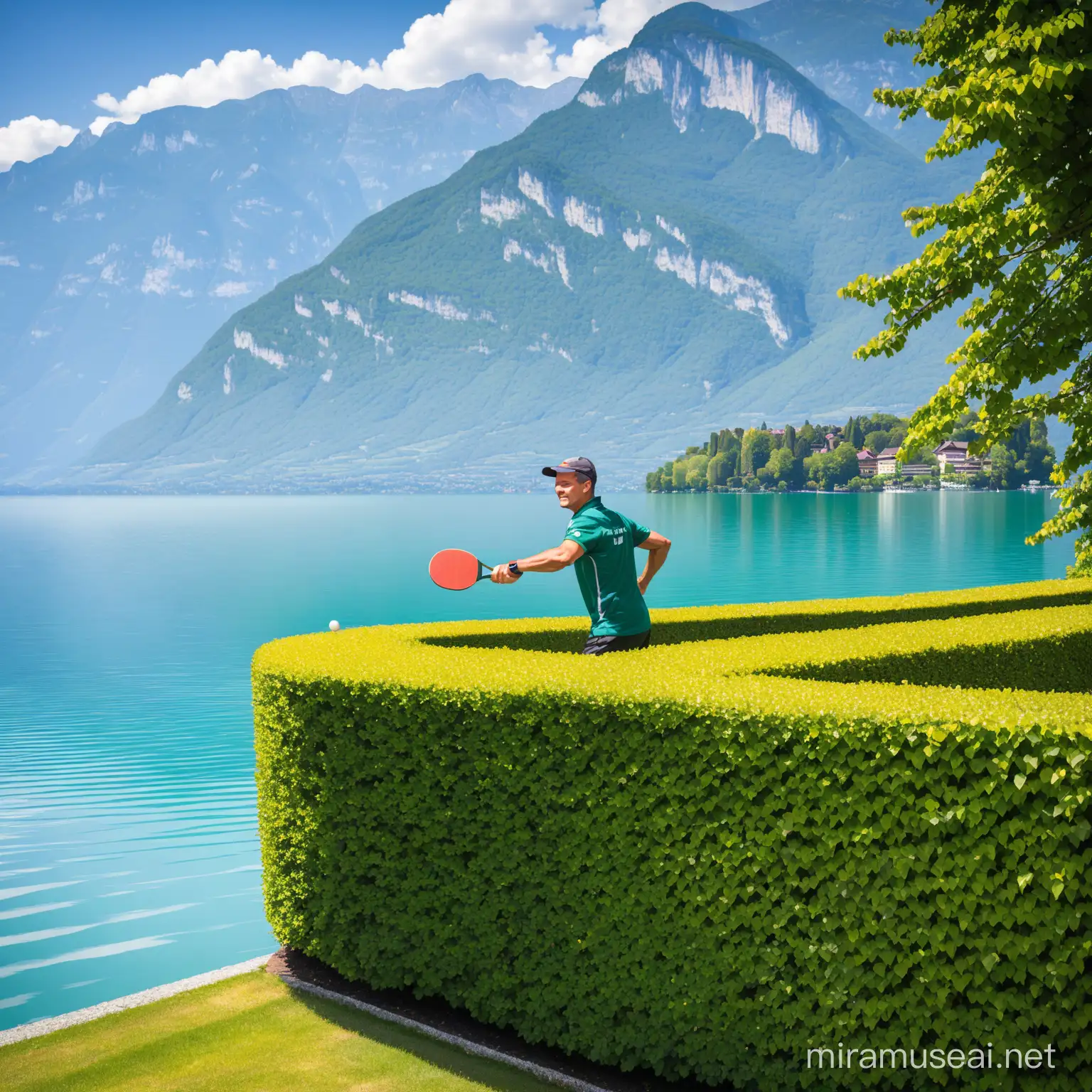 Un paysagiste de 1m70 avec une raquette de tennis de table. Il taille une haie au bord du lac d'Annecy