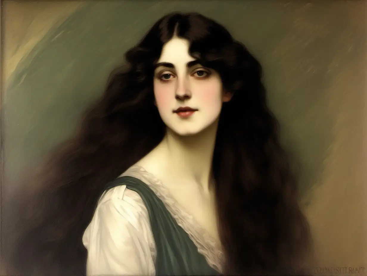 Classic painting of a young Edwardian woman with long dark hair in 1911.
