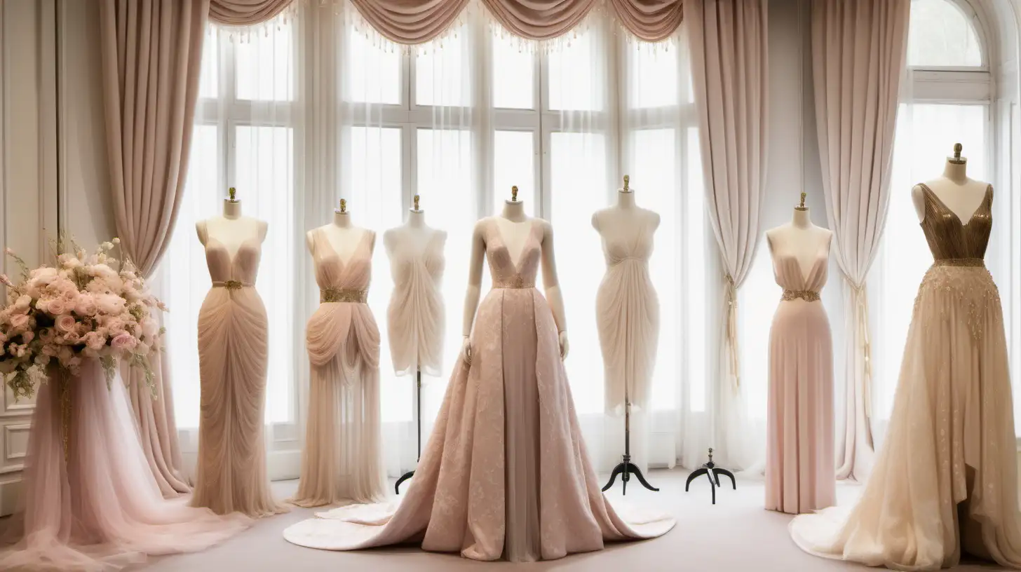 Large Parisian bridal shop interior; beige, oak, brass, ivory, soft pink colour palette; Elegant floral displays; designer beaded dresses on manequins; sheer curtains; 