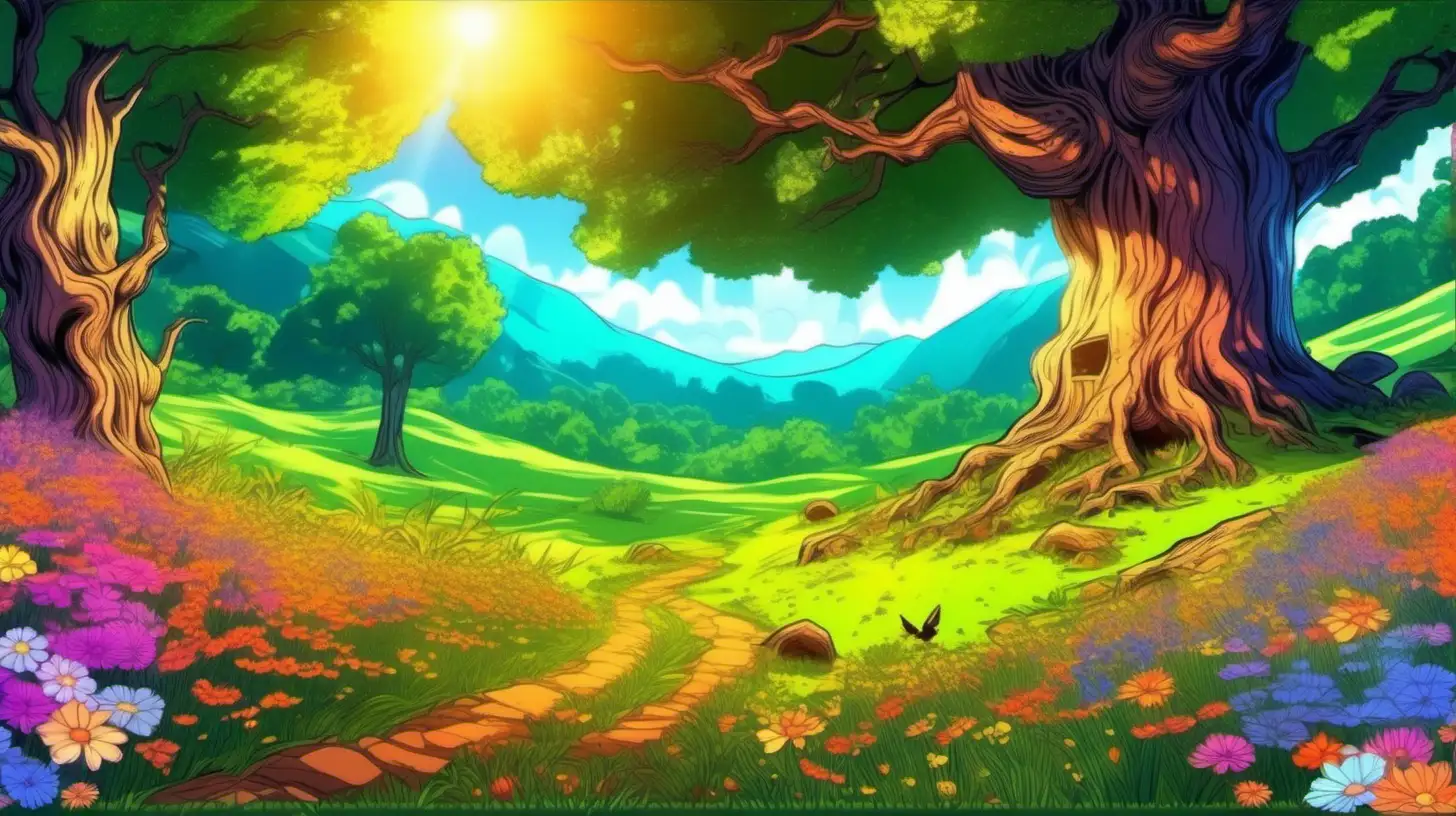 In beautiful cartoon style,  an image of enchanting forest with a meadow with flowers and  with a large old oak tree with a burrow  and a lot of warm sunlight with vivid colors and lively details,  ultra hd, cartoon anime, vivid colors, highly detailed, perfect composition, beautiful detailed intricate insanely detailed perfect light