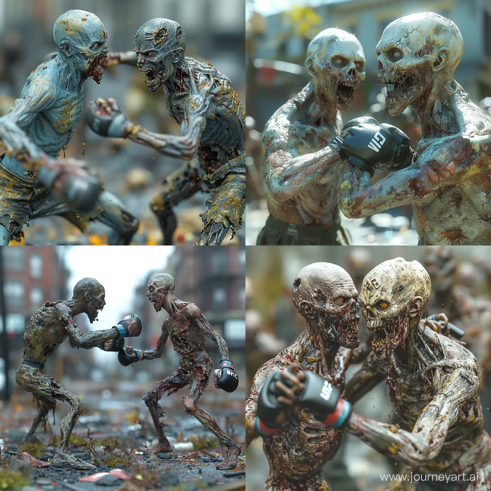 A realistic picture of two zombies  playing mma , in apocalypse city , with blur in the background, accuracy, focus, and very  details  skin,  --stylize 750 --v 6