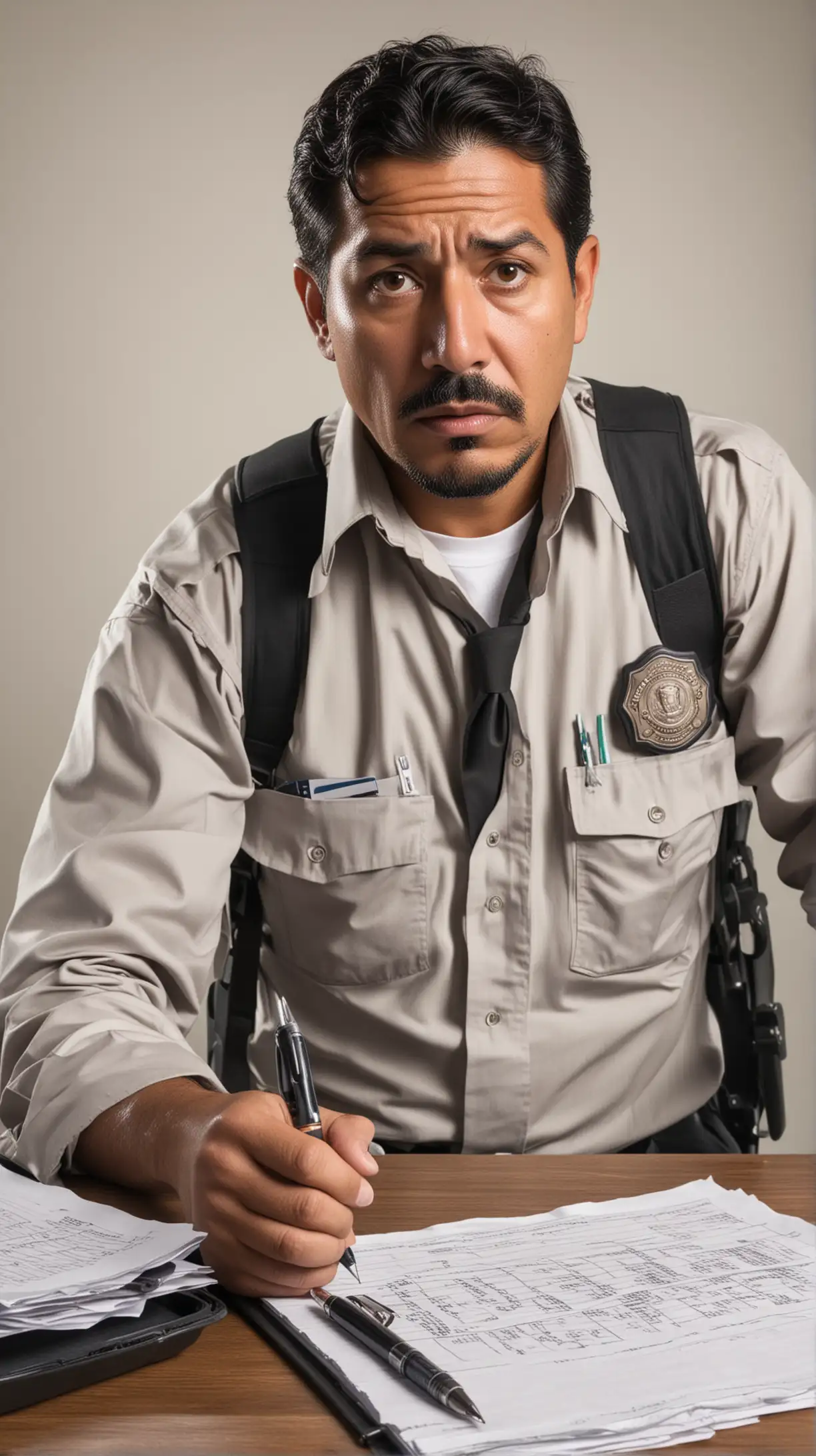 genera una imagen de un guardia de seguridad de aspecto mexicano de 40 años, frustrado por estar generando reportes con pluma y papel