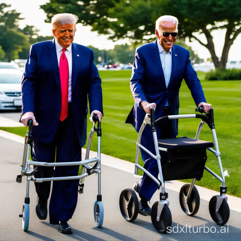 Donald Trump and Joe Biden both walking with rollator