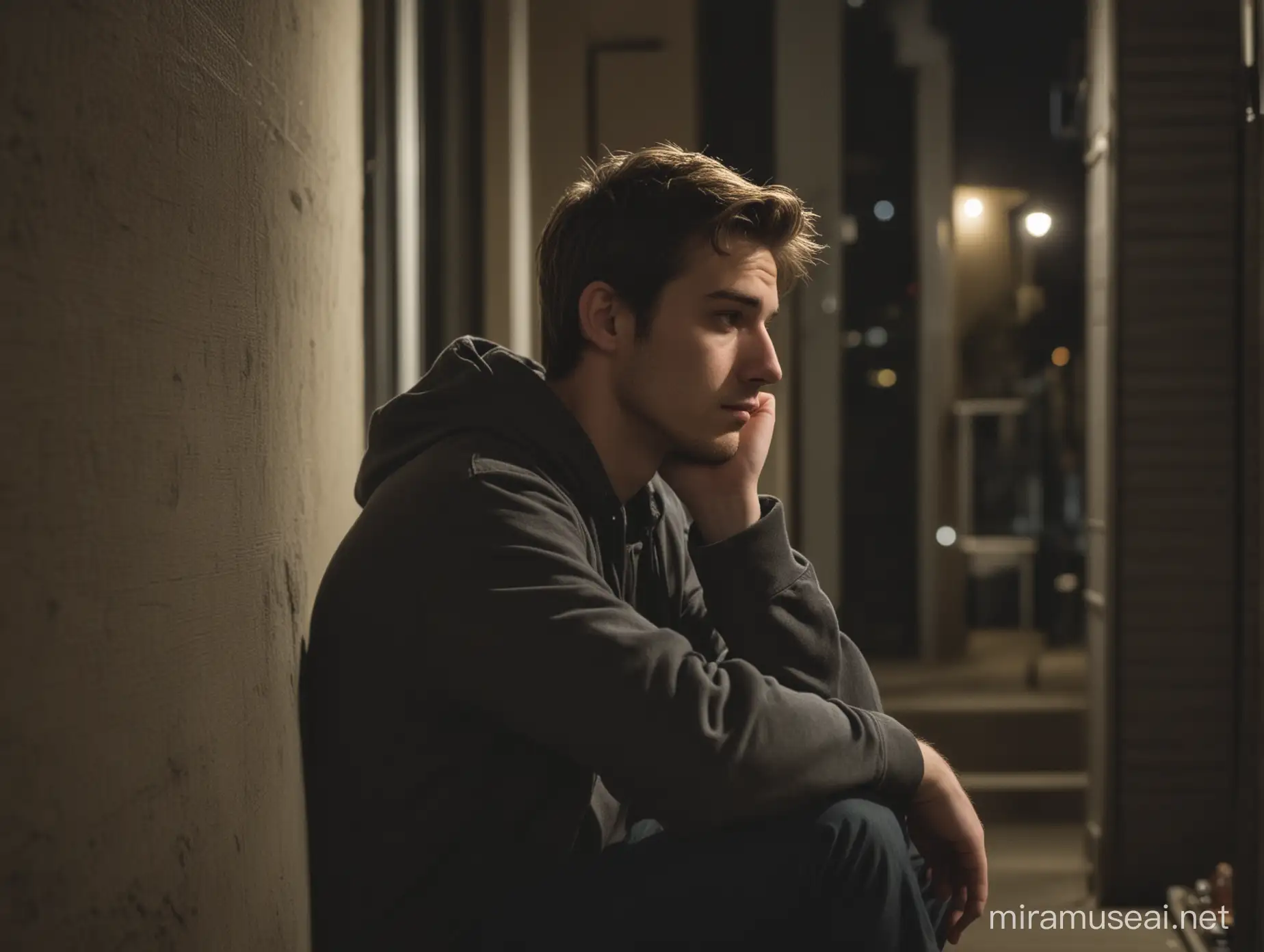 un joven adulto sentado afuera de su departamento en la noche pensativo e inseguro