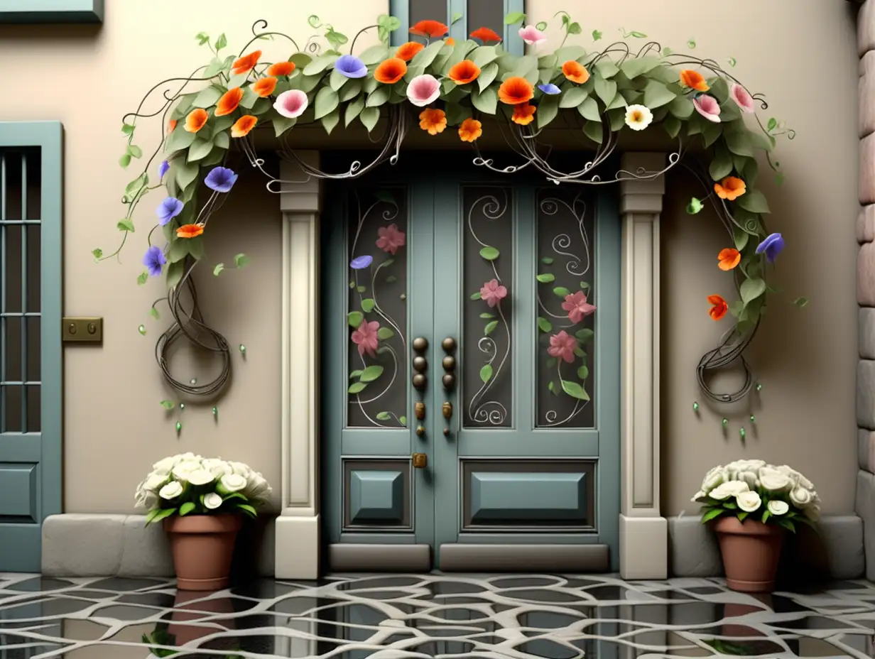 puertacon vidrio, con enredadera de flores, macetas, flores, piso de adoquines