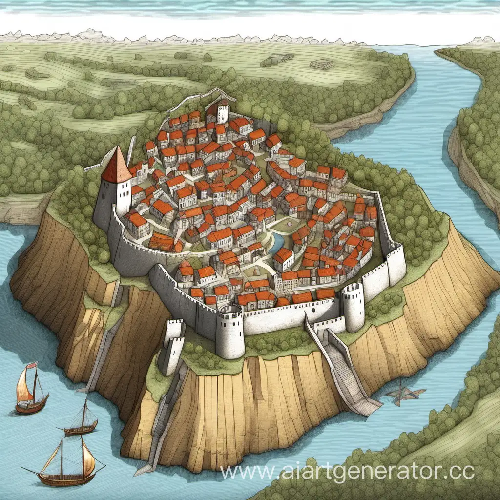 Карта небольшой крепости в которой есть дома на утесе, рядом с рекой. 