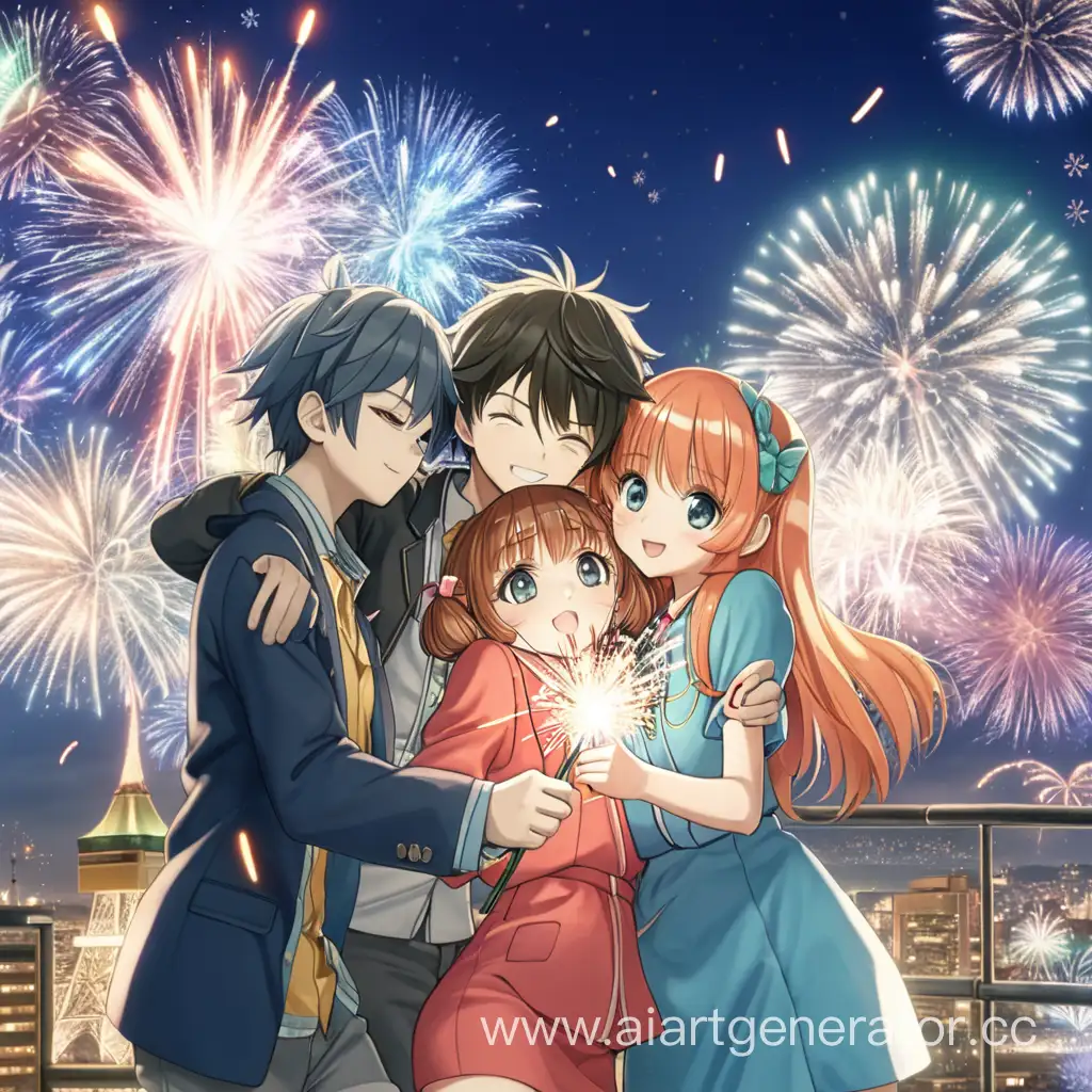 3 аниме девушки и аниме парень обнимаются на новый год, держа бенгальские огни