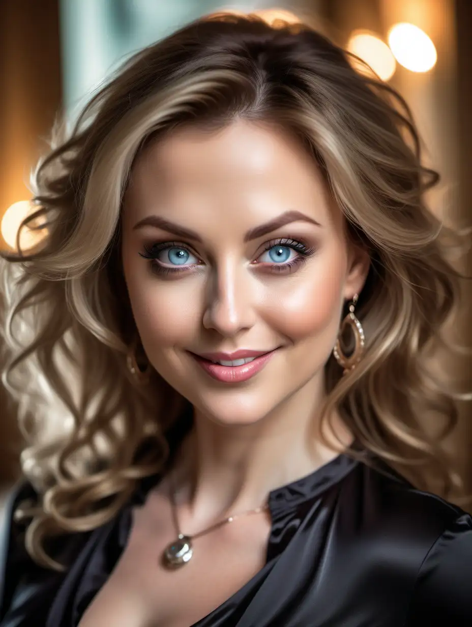 Dreamy close portrait of falling in love with Stunning mysteruous elegant 40y irish lady  in luxury satin blouse, yoga pants, beautiful eyes, big eyes, flirty smile, big lips, luxury jewlery, soft light, warm light, blurry background, matte skin, bright eyes, detailed eyes, focus on eyes, curvy, busty, photorealistic, high res