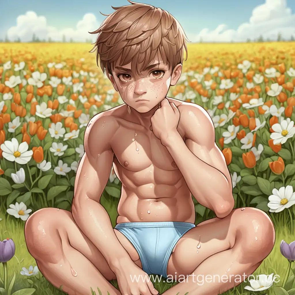 Сильный мальчик в нижнем белье сидит на цветочном поле. Боксеры. Мальчик потный