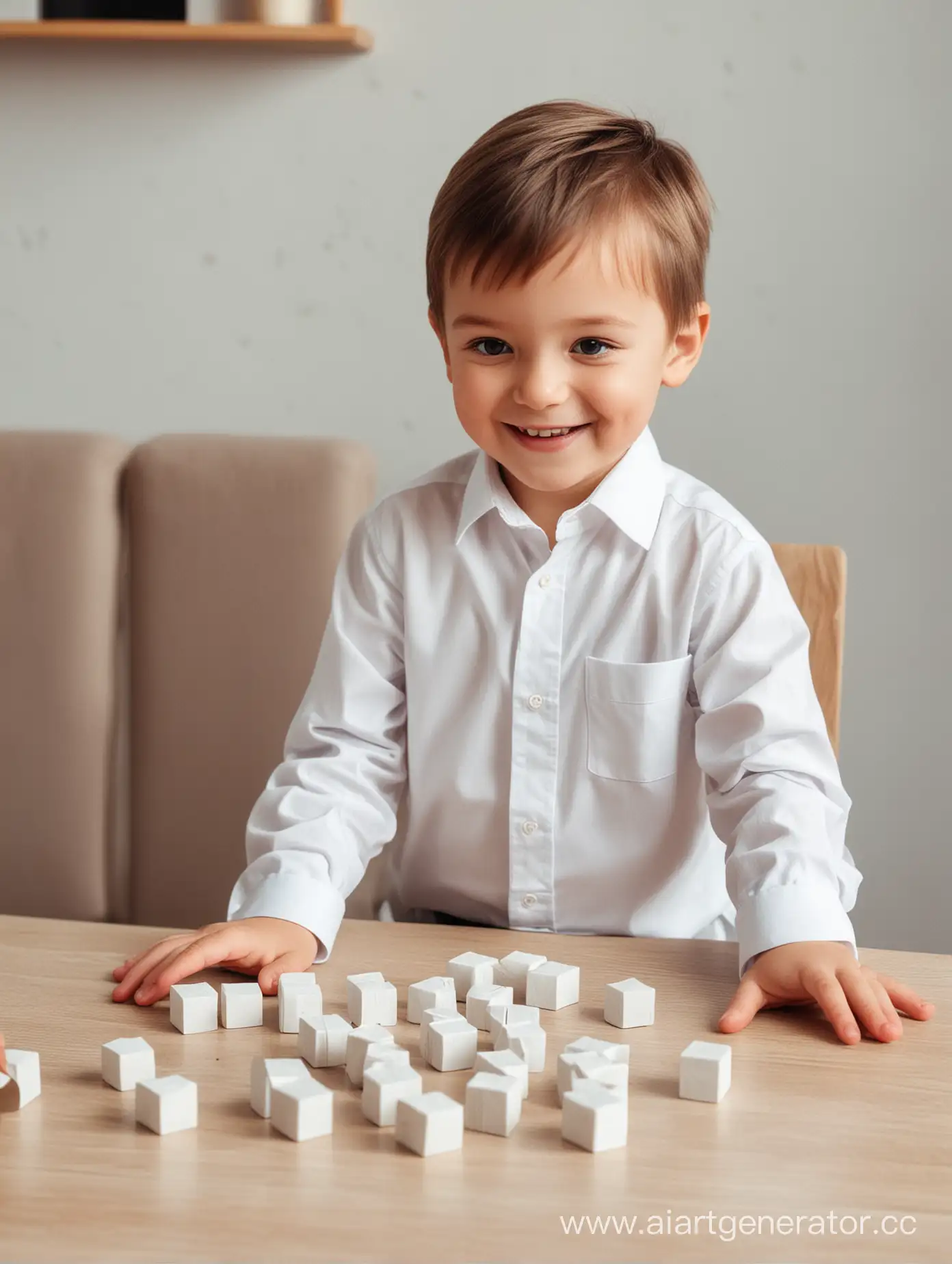 happy boy in a white shirt playing with cubes at the table