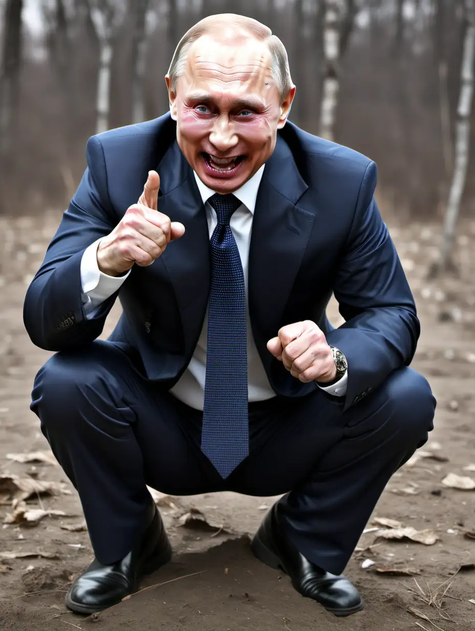 old Vladimir Putin pointing full body crouching and desperate laughing 