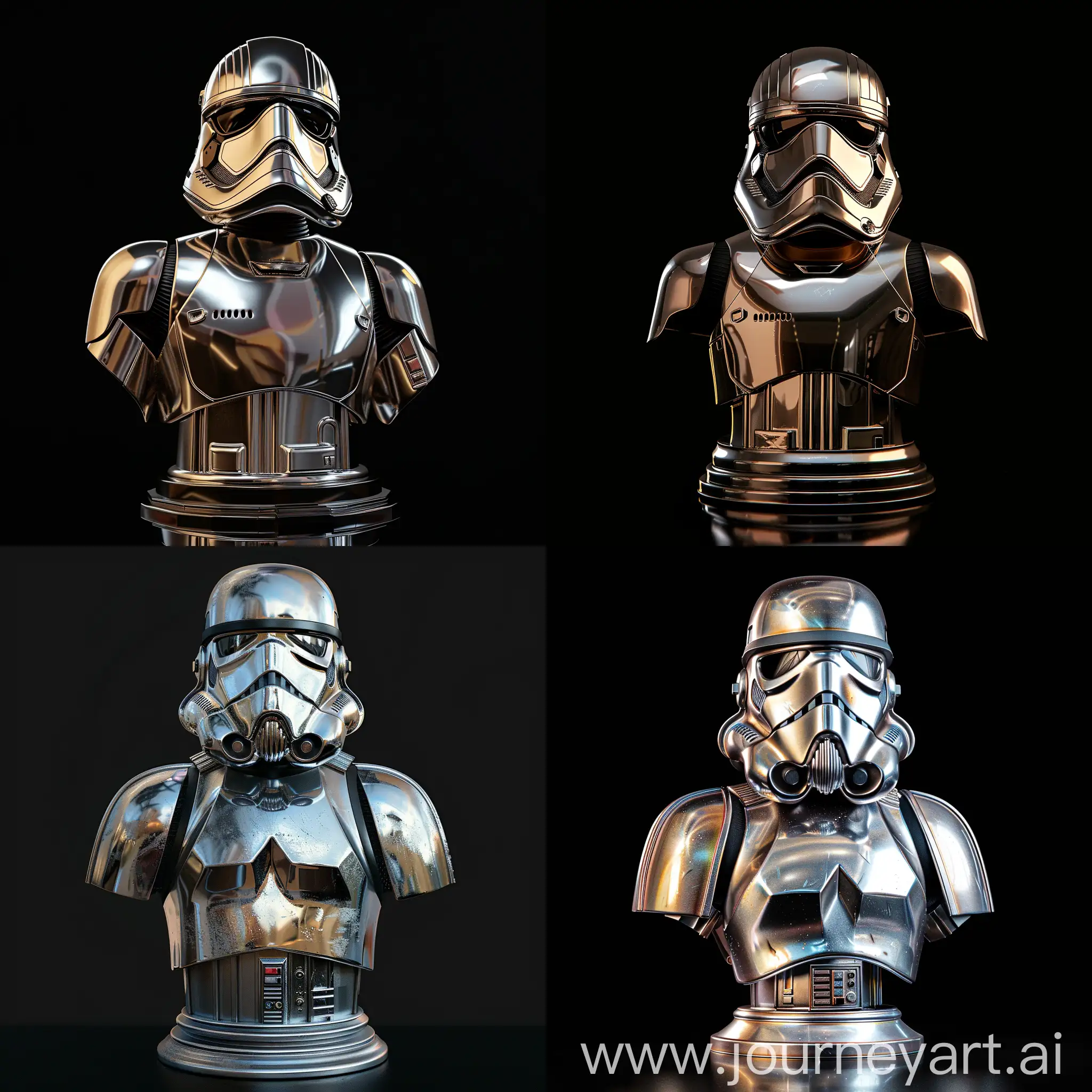 Metallic Bust of Storm Trooper from Star Wars Universe, great lighting, 3D, Photorealistic, HD, Detailed, Blank background, Full Black Background, centered object, zoomed in.