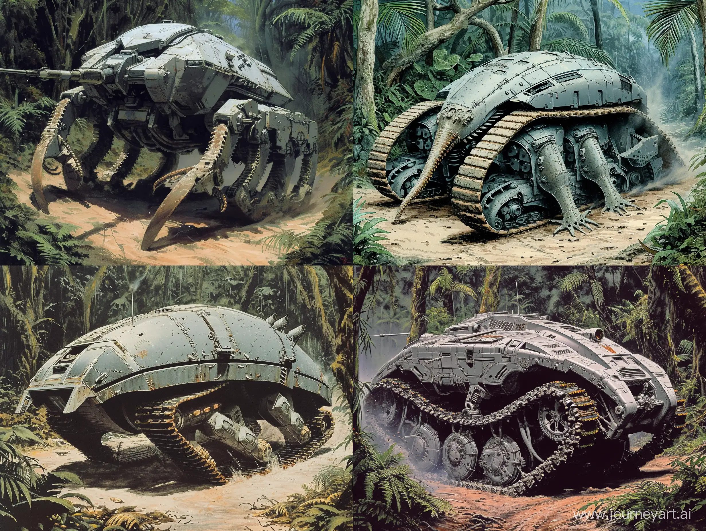 Concept art of a giant armored gray tank with tracks slightly resembling a trilobite fighting in a jungle painted by Ralph McQuarrie. the tank has treads instead of legs. in Retro Science Fiction Art style. in color.
