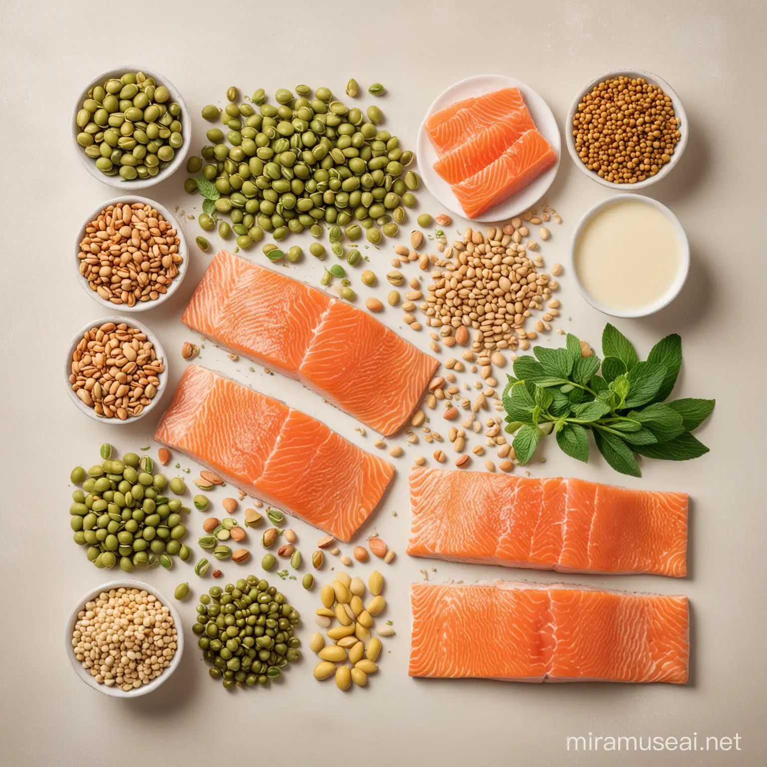 Fresh Ingredients Display Vibrant Pistachios Pearl Barley and Salmon with Mint and Peas