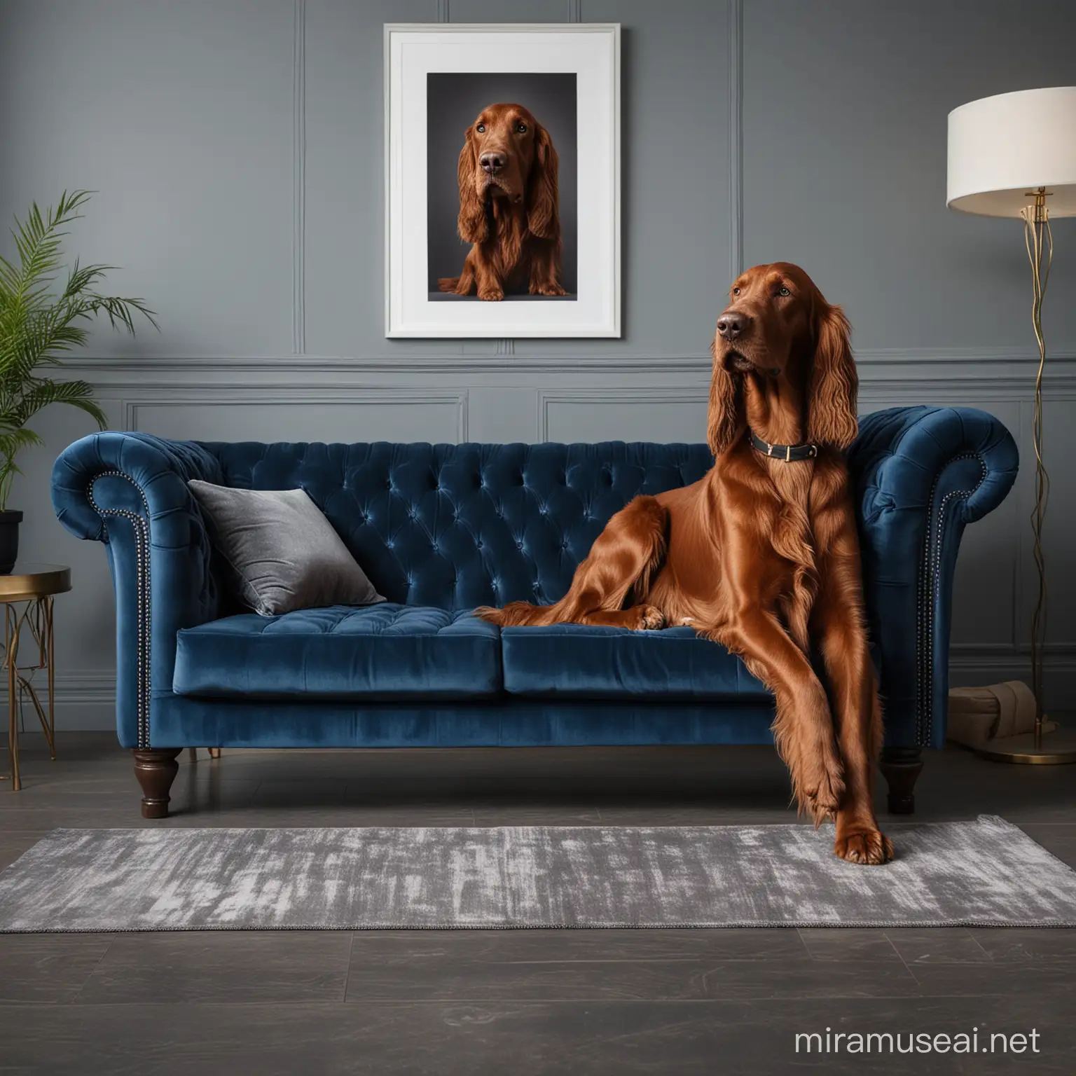 an irish setter dog sitting on a beautiful modern dark blue sofa in an incredible glamour style modern living room

