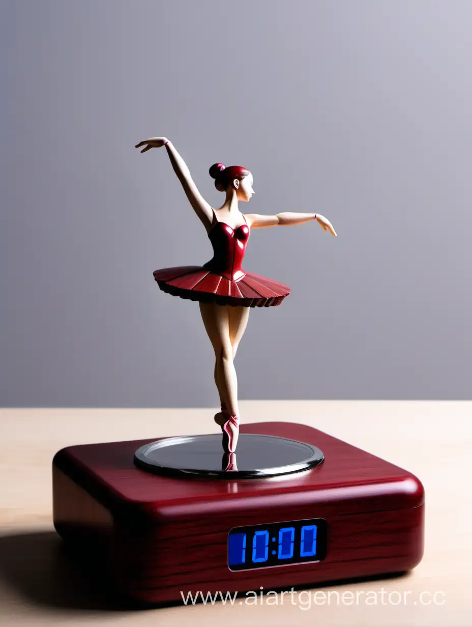 Настольные LCD часы. Корпус деревянный, темно-красный, цифровое табло. на крышке вращающаяся фигурка балерины