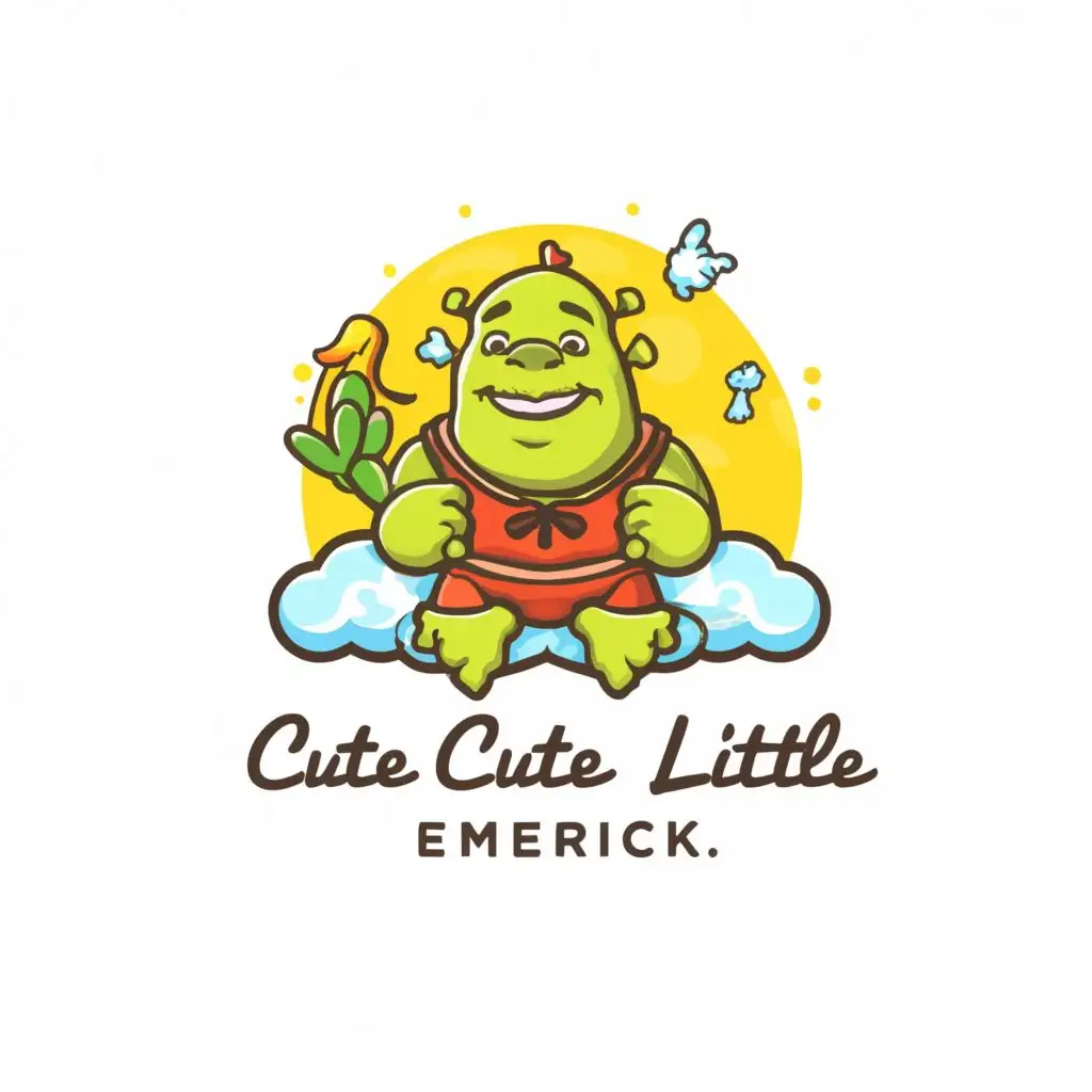 a logo design,with the text "cute little Emerick", main symbol:shrek eating banana,Moderate,clear background
