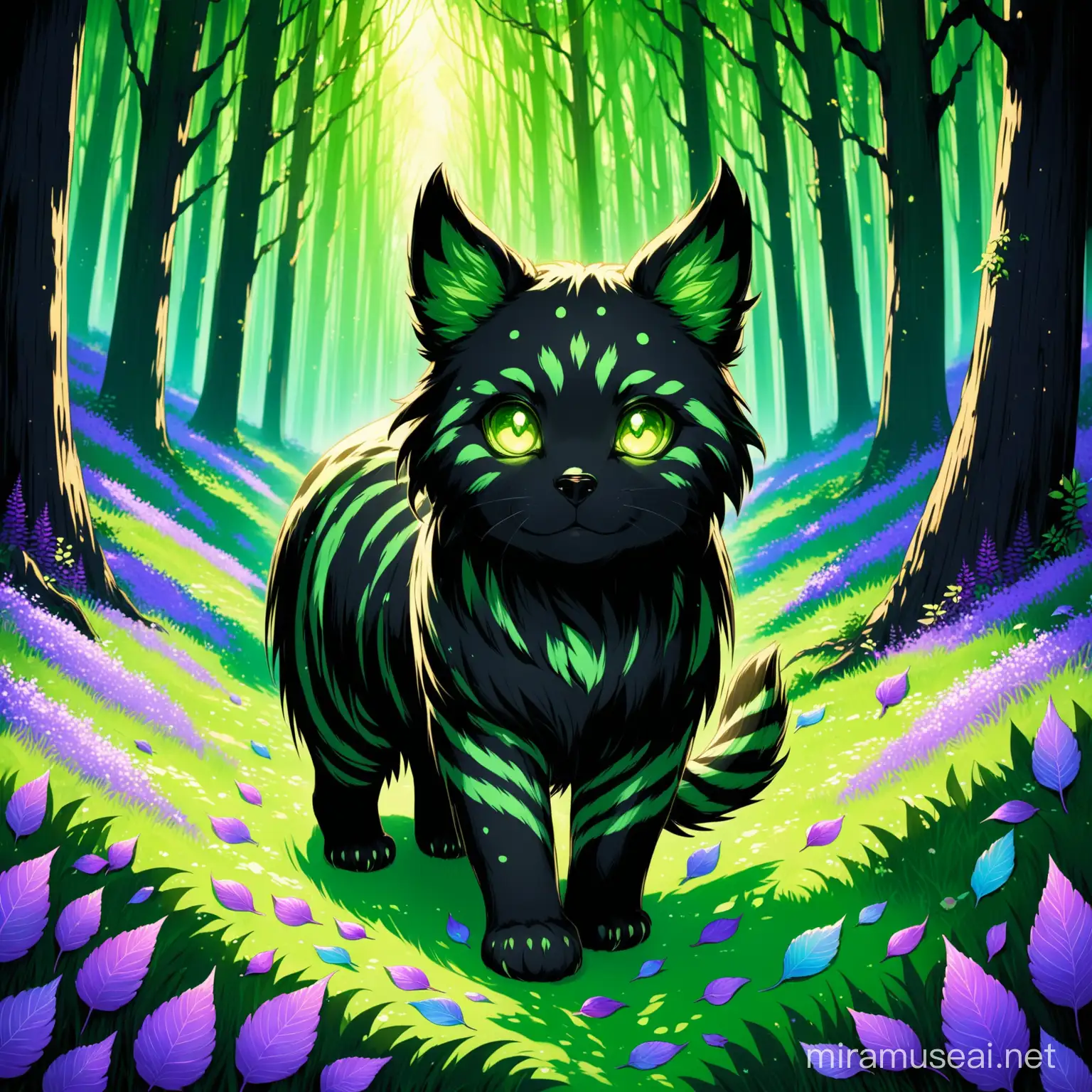 Verdant's ears are dark green with black tips, like leaves illuminated by shadow.  Its face is decorated with greenish-black stripes, reminiscent of the patterns on flower petals.  The paws are covered with green stripes, which turn into black fringe along the edges.  His body is decorated with greenish-black spots, arranged as if it were a painting of nature intertwined with the shadows of the forest, he is in a fantastic forest shimmering with purple and blue colors.