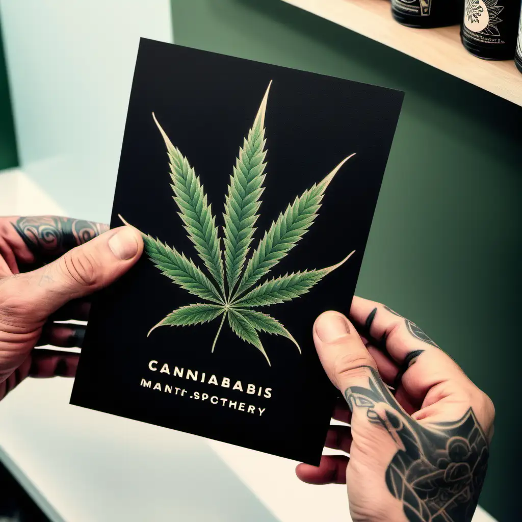 tattooed mans  hand holding black postcard in a cannabis dispensary 