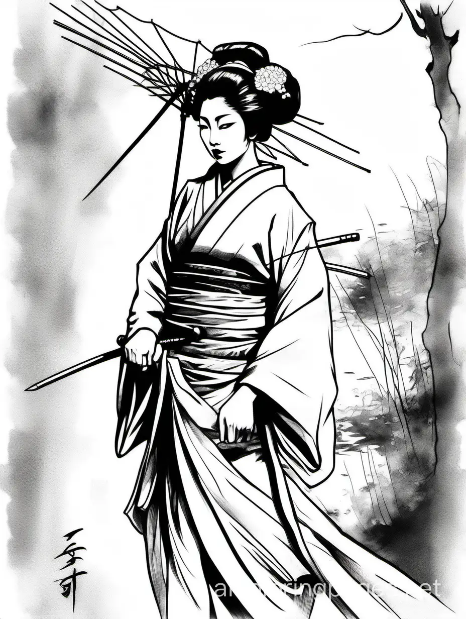 Geisha watching her Samauri depart for war, Japanese ink sketch. Graceful, exquisite, soft light, style of Andrew Atroshenko and Edgar Degas., Coloring Page, black and white, line art, white background, Simplicity, Ample White Space. The background of the coloring page is plain white to make it easy for young children to color within the lines. The outlines of all the subjects are easy to distinguish, making it simple for kids to color without too much difficulty