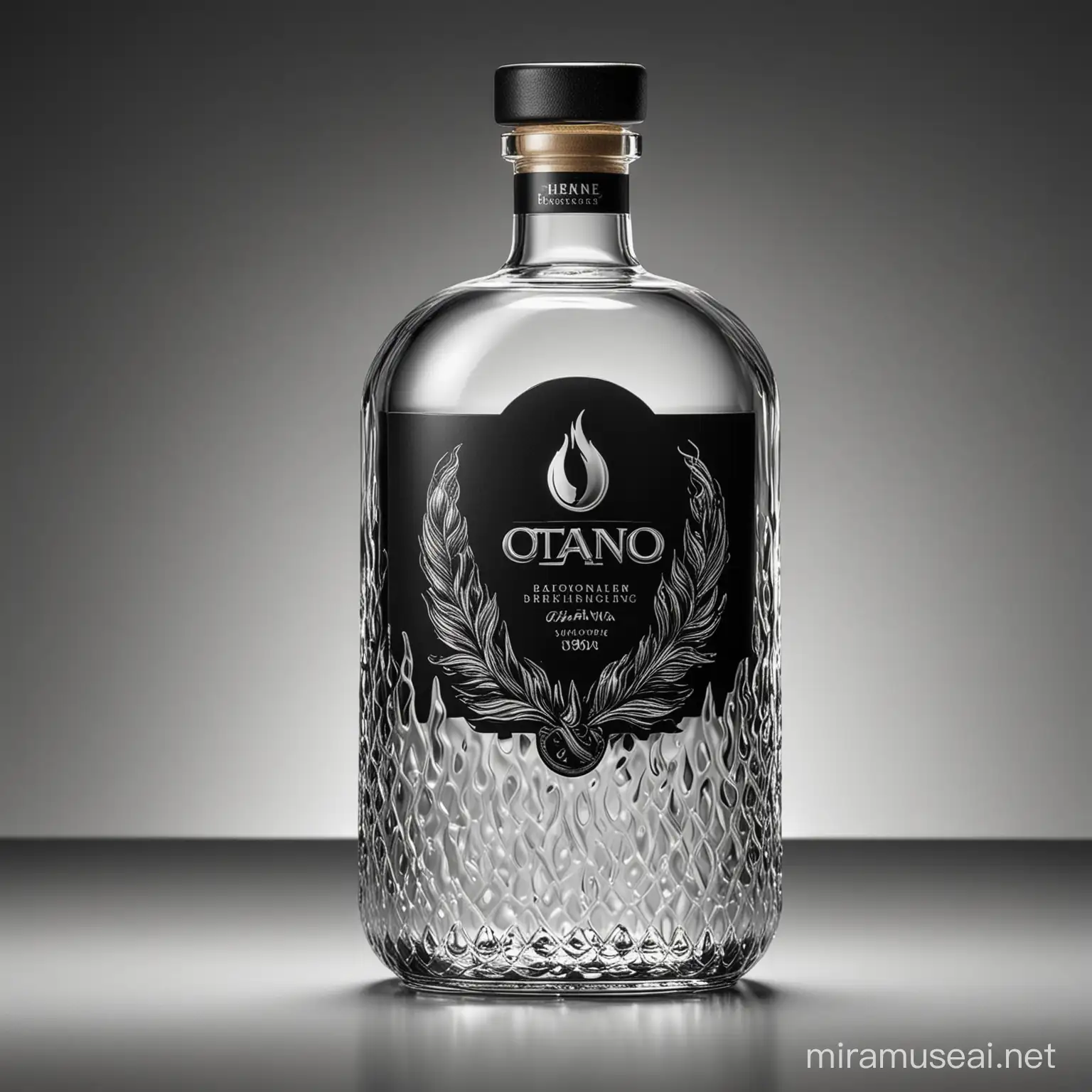 Modern health liquor packaging design, high end liquor, 500 ml glass bottle, photograph images, high details, silver and black  texture, brand name is Octano, brand label flame like shape