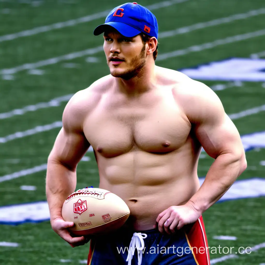 chris pratt, coaching football, shirtless, on a football field, wearing a baseball cap. defined abdominal muscles