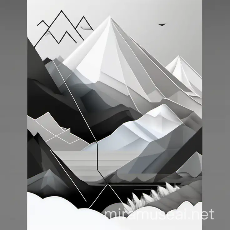 Convert the image to mountains and rivers with geometric shapes black and white
