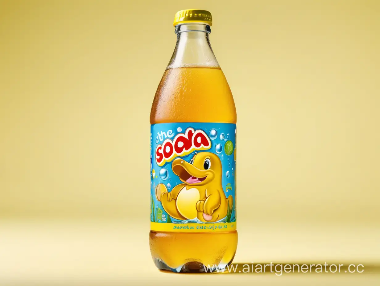 Бутылка газировки для детей с 12 лет, состав газировки натуральный, на этикетке круглый жёлтый утконос, напиток изготовлен из экзотических фруктов, название компании которая выпускает напиток "Yellow", Название напитка Bubbles

