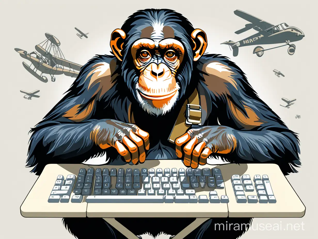 一直猩猩手里拿着键盘的正面坐在飞行
器上，插画形式