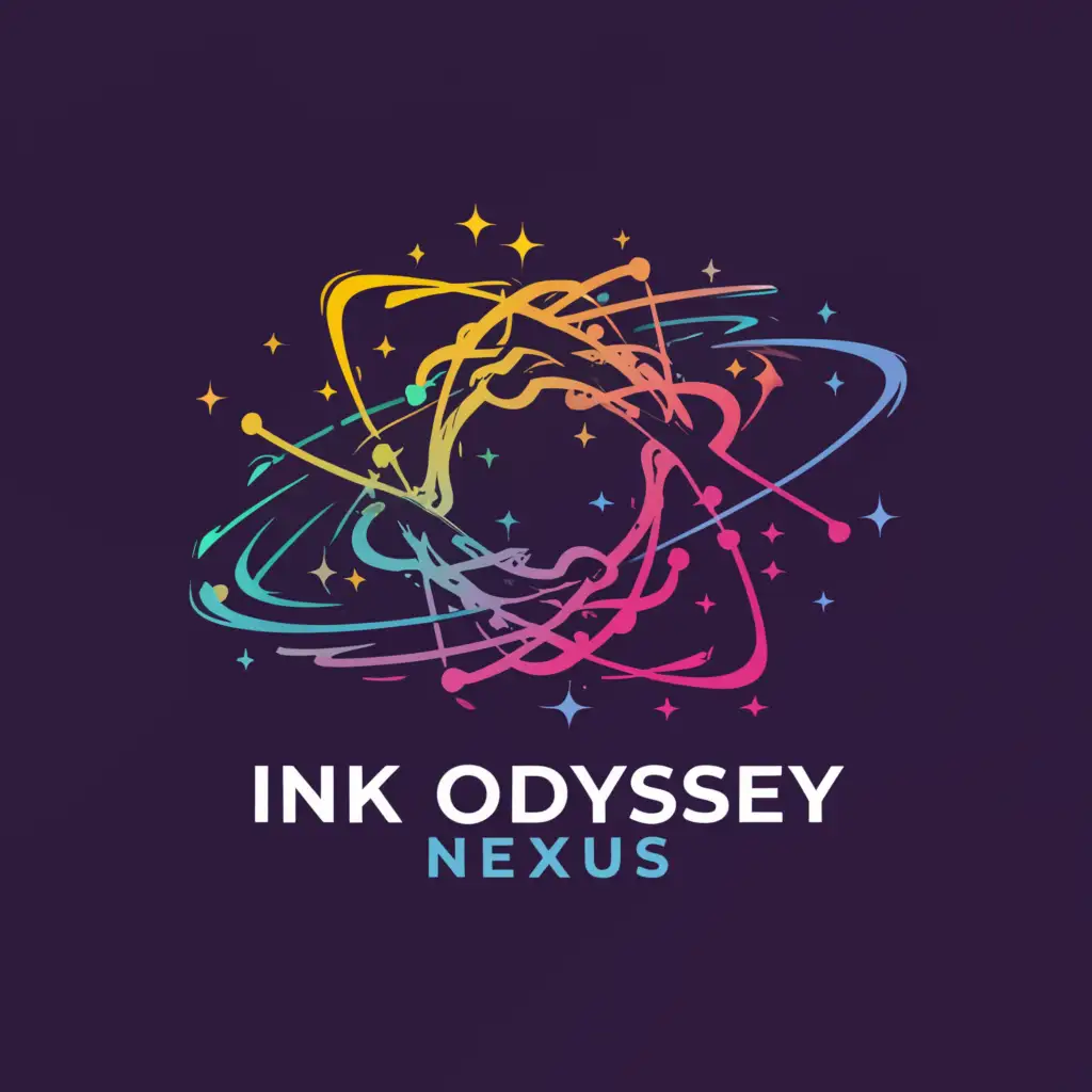 a logo design,with the text "Ink Odyssey Nexus", main symbol:Illustrate a galaxy with swirling ink splashes forming constellations and nebulae, representing the creativity and expression found within storytelling.,Moderate,clear background
