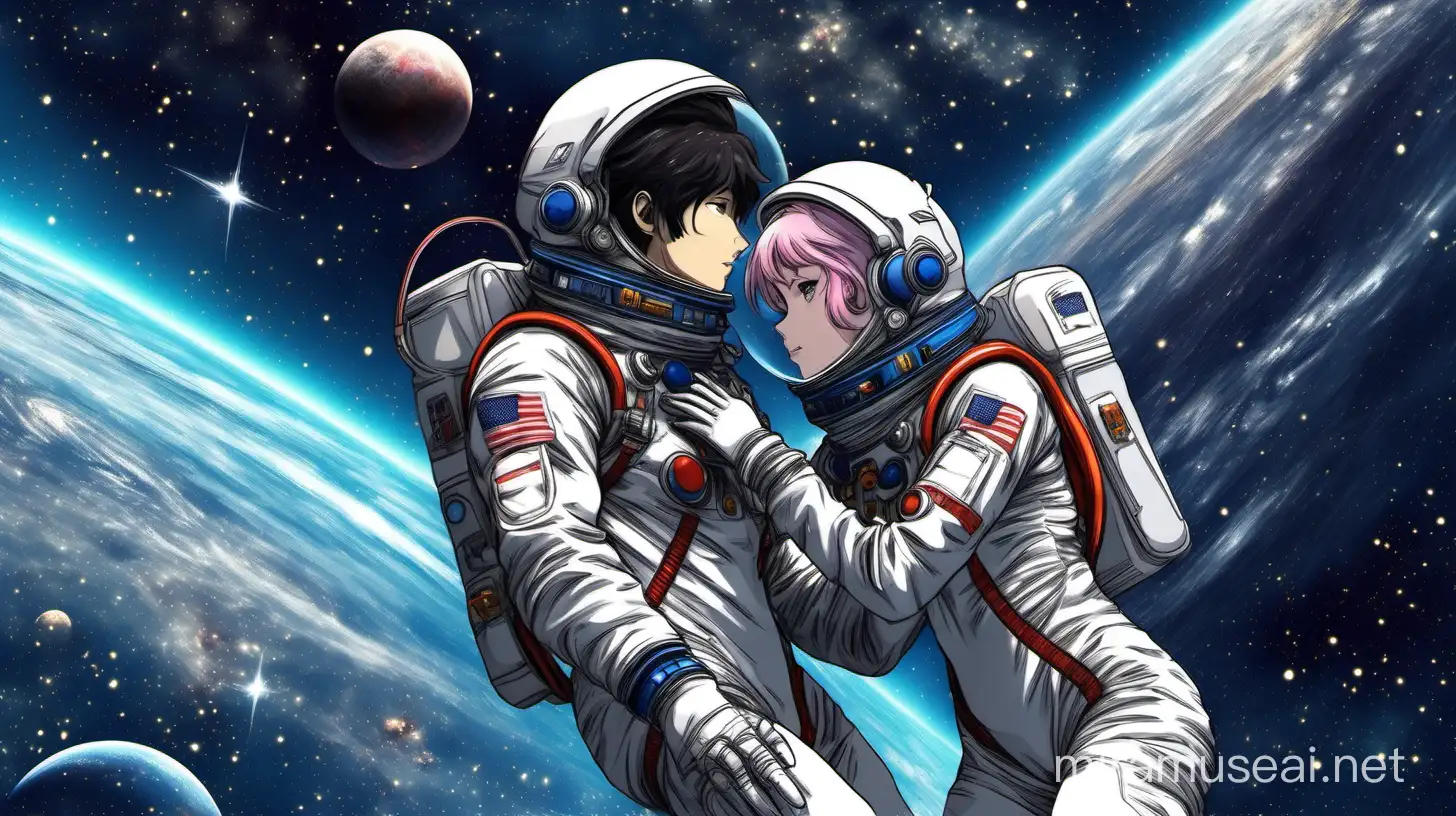 Lovers Floating in Space Hyperrealistic Anime Masterpiece