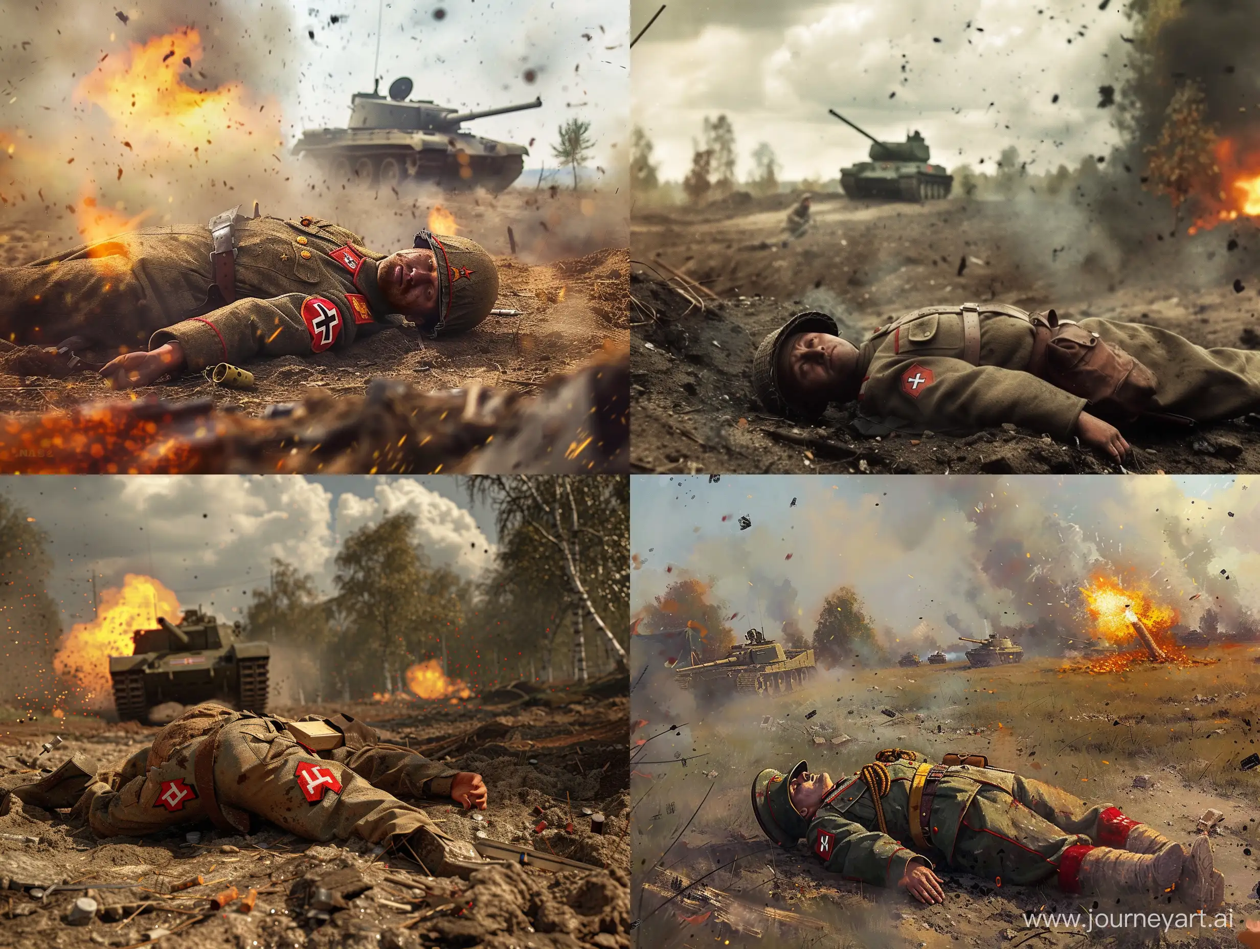 WW2, ussr soldier in ussr uniform and symbolics lays on the ground in the middle of battlefield, German tank is approaching, Birch Grove is at the distance in background, granade explosion nearby