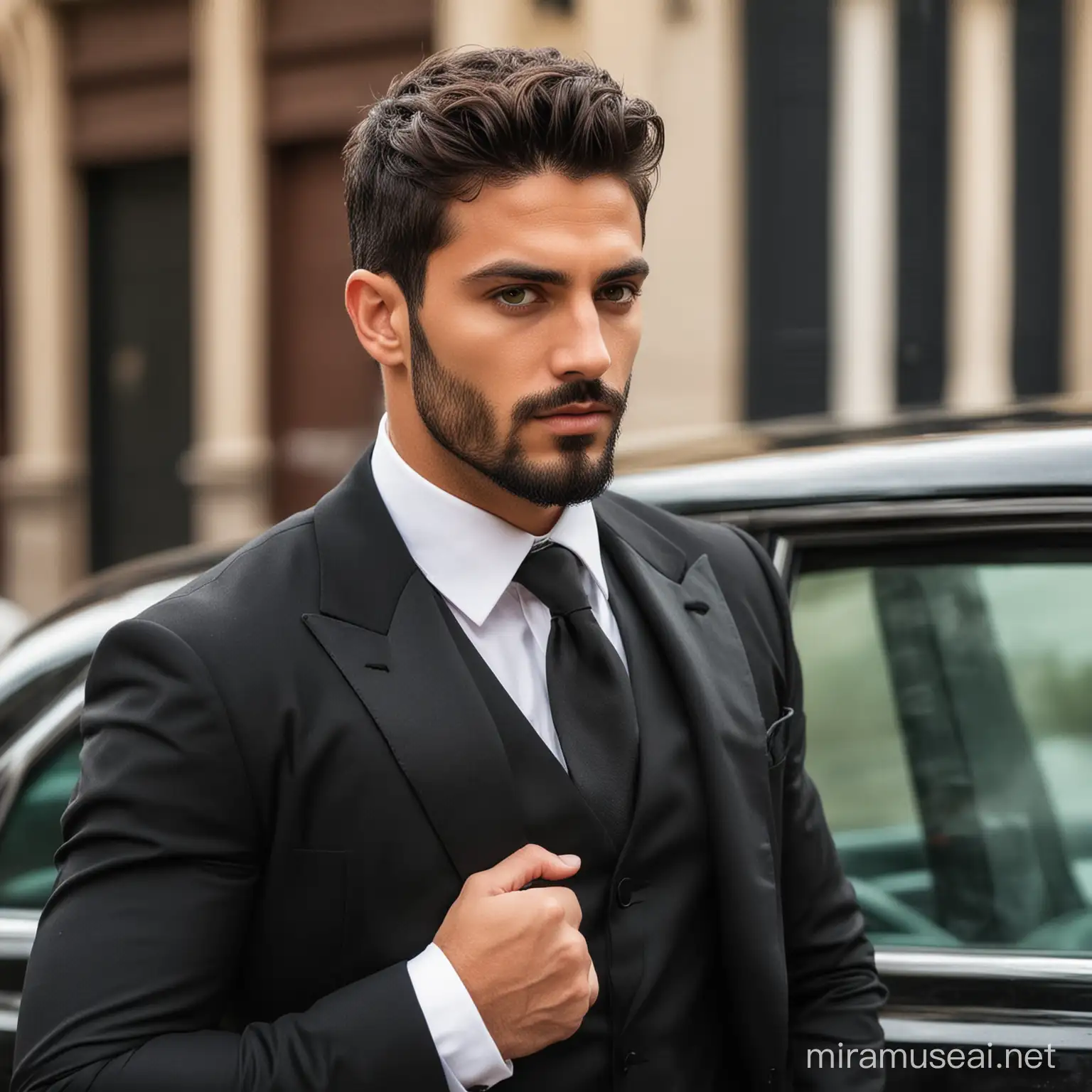 A 27 year old handsome rich man 6"4 with olive skin dark hair green eyes dark stubble beard wearing a black tuxedo suit standing by the car. Looking hot and ruthless mafia boss Italian 
