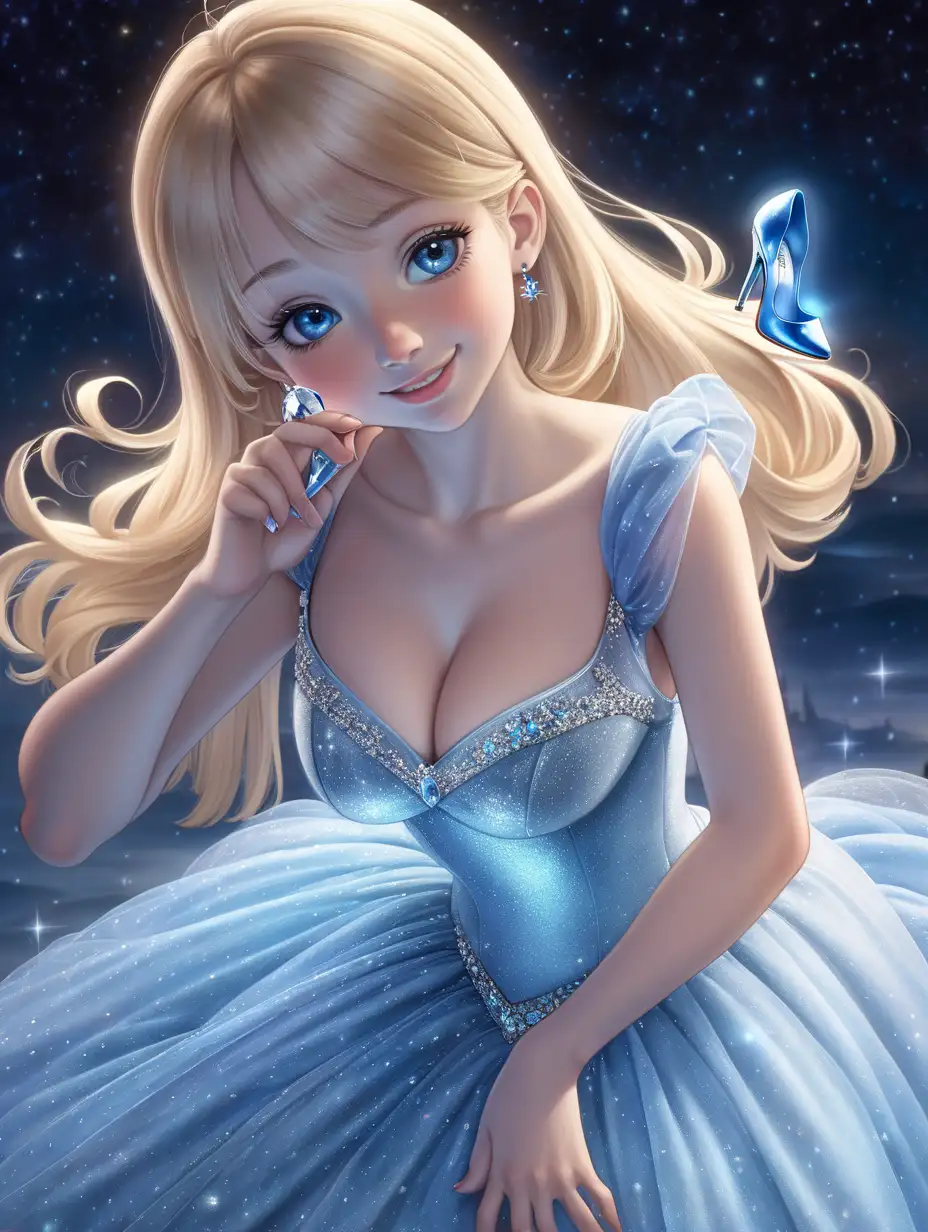 Cinderella with her crystal shoe, beautiful 20 years girl, , blond hair, lonh straight hair on her shoulder , blue eyes, red cheeks, small short nose, big eyes with long eyelashes, shiny elegant dress , she is looking up, view from above, nice face, big breast, smile, crystal shoe in her hands, Moonlight on her face 
