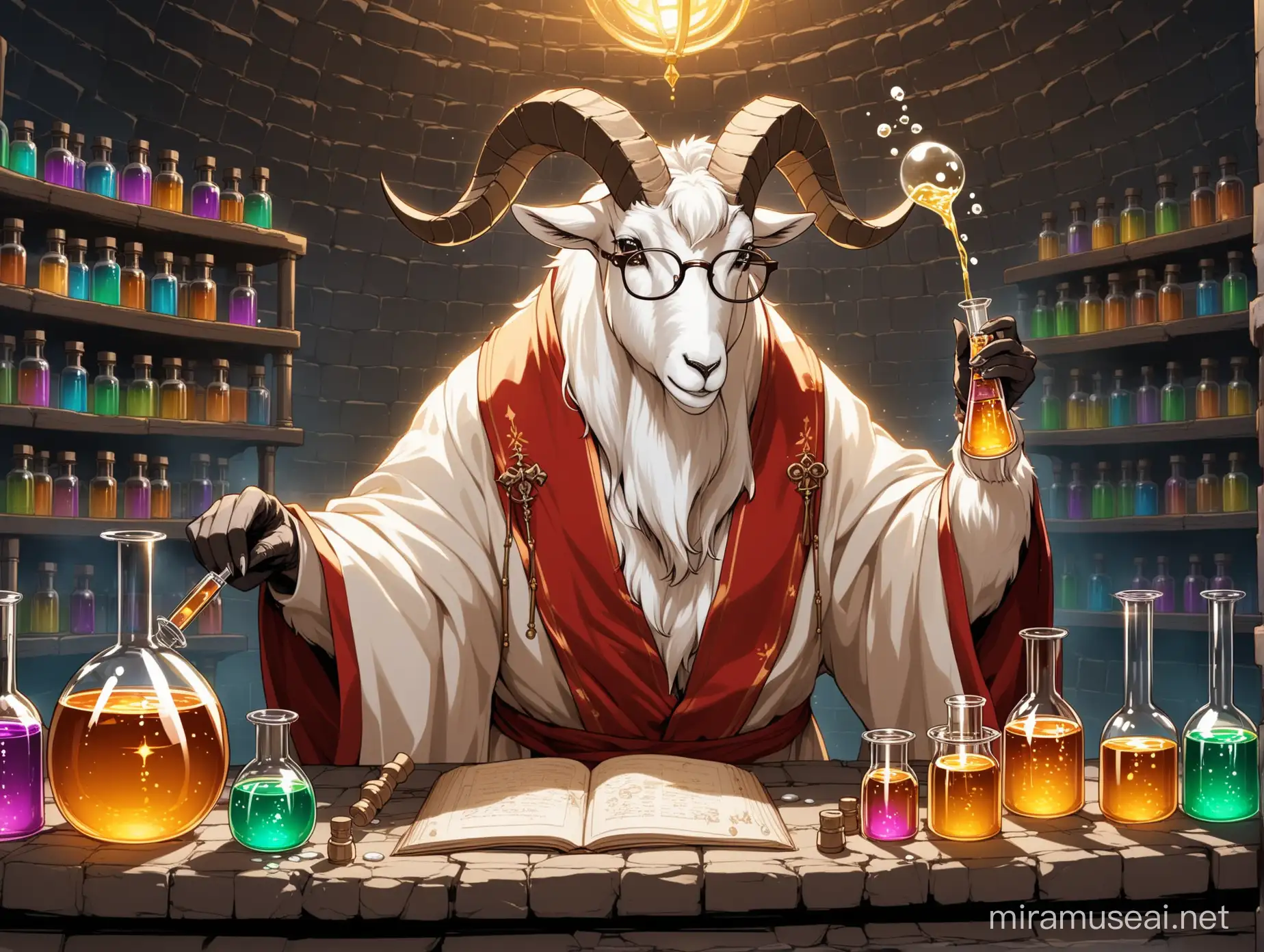 the wise mountain goat is dressed in classical robes and spectacles and is carefully mixing two bubbling vials together in the alchemy lab of the dim dungeon