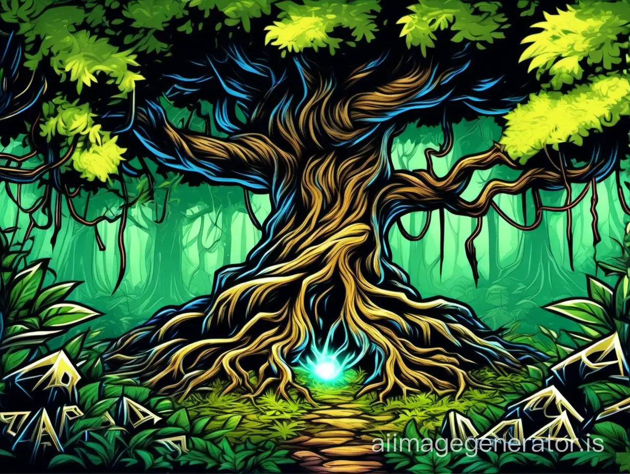 A Tree with a magical artifact (in the style of RPG games) is faintly visible in the roots amidst Dense vegetation in the forest 2D vector graphics background