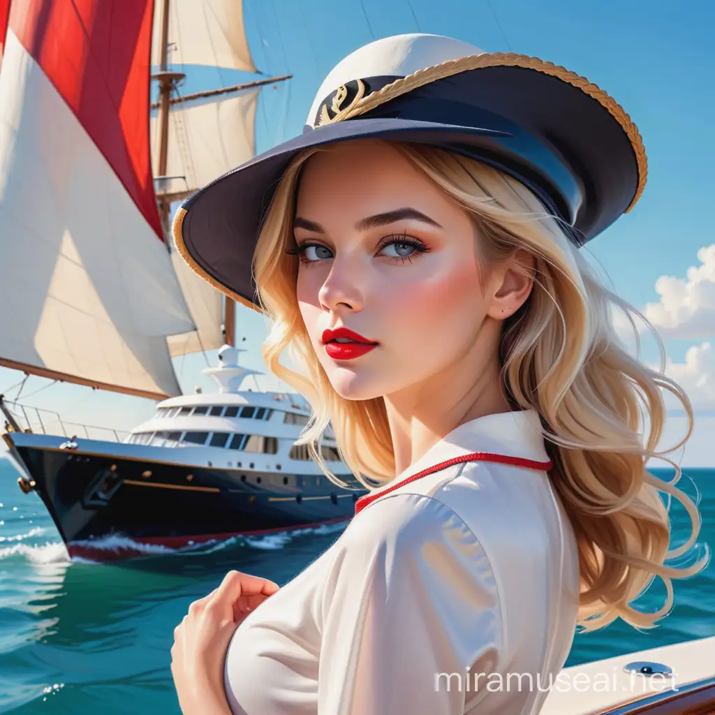 Vogue inspired fashion style captures the enigmatic essence of a charismatic woman mixing masterful brushstrokes in a captivating photo, very beautiful young blonde woman with long eyelashes, plump lips with red lipstick, sailor hat standing on a luxury yacht in front of the magnificent seashore, in the background a beautiful frigate with white sails at sea