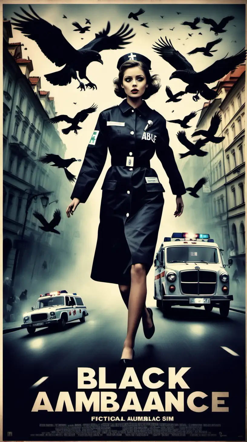 Create a poster for a fictional film where there is a darkened street in Prague and in the middle a black ambulance driven by a beautiful young girl in a black medical uniform. A flock of ravens flies in the background. All in motion and in the style of sixties movie posters. Put the text "BLACK AMBULANCE" in the upper part, put the texts with the fictional name of the director and actors in the lower part. --Drone photography --Cinematic haze --powerful action --dynamic movement --intense emotion