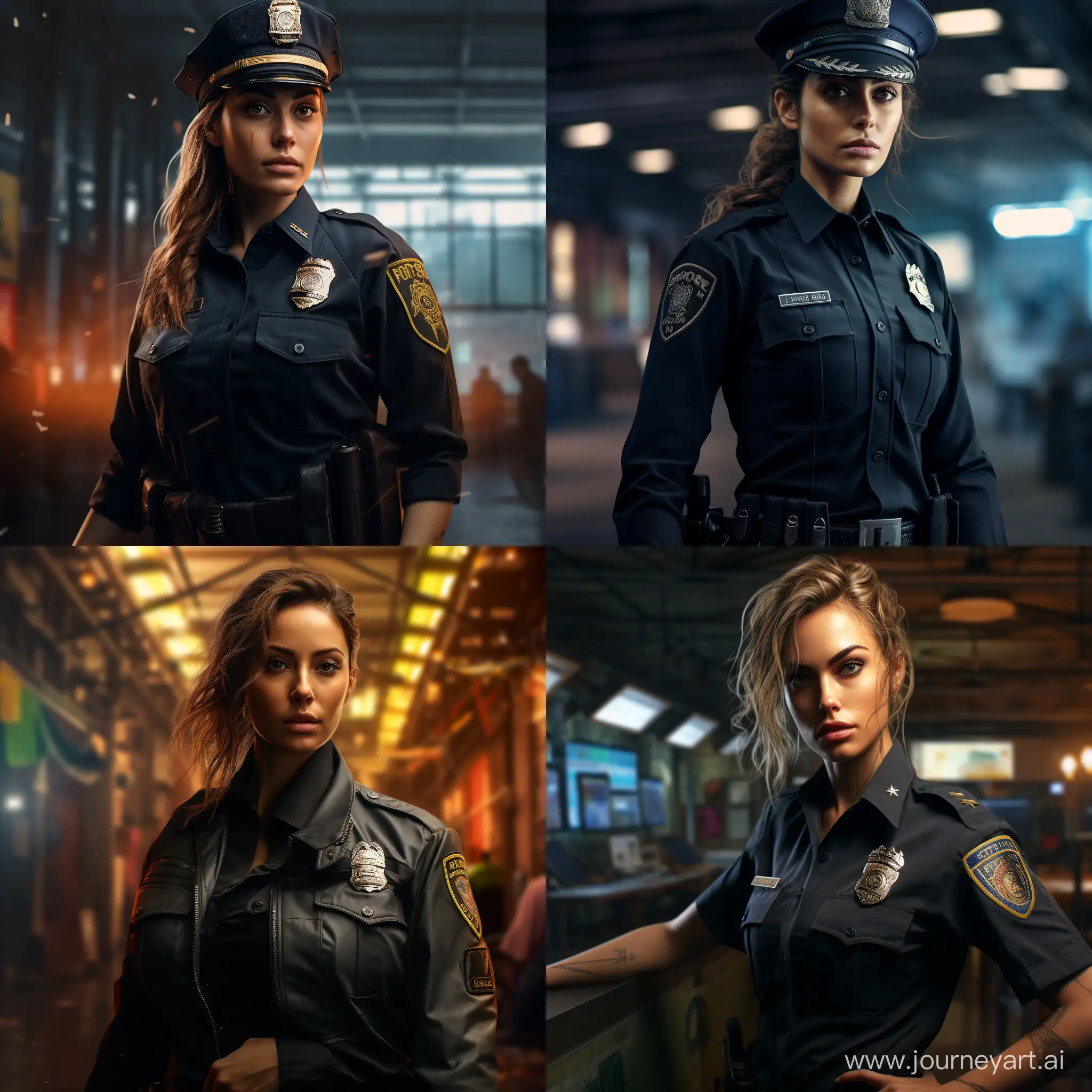 Photoshoot of a Cop female, down town, cop costume, nice hands, perfect hands, ultra hd, realistic, vivid colors, highly detailed, UHD drawing, pen and ink, perfect composition, beautiful detailed intricate insanely detailed octane render trending on artstation, 8k artistic photography, photorealistic concept art, soft natural volumetric cinematic perfect light