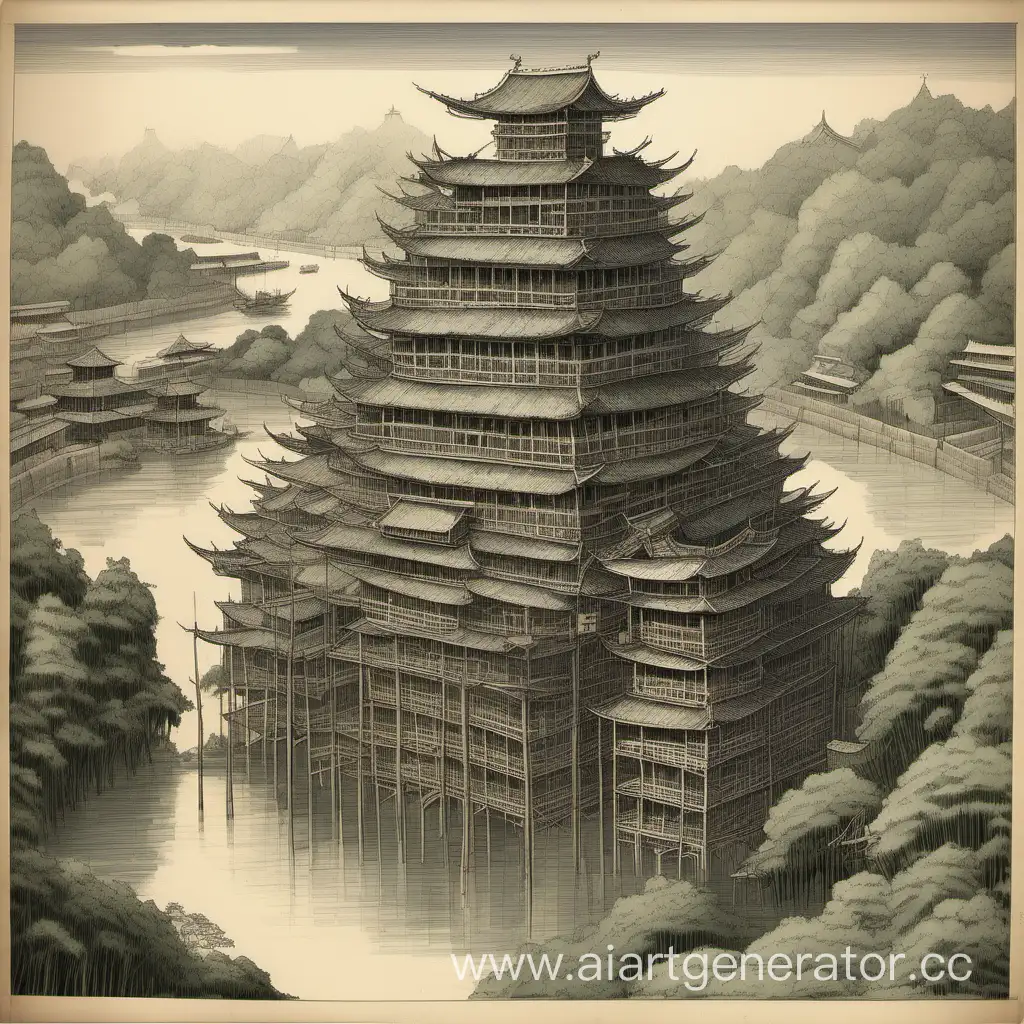 Draw a large fortress built on hundreds of bamboo branches. The fortress is made of gray brick and has an elevator built from bamboo in the central pile. The fortress is located in the air, on bamboo stilts high, at an altitude of 200 meters. It consists of 5 floors. The style of the fortress is fort. Around the fortress there is a bamboo plain and a wide river. The river leads to the city, which is covered with a high bamboo dome. The roof of the city along the perimeter is supported by 12 narrow but high fortresses