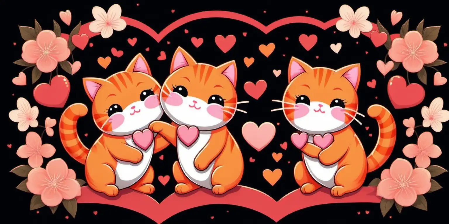 Adorable Japanese Kawaii Style Orange Cats Celebrate Happy Valentines Day on a Stylish Black Background